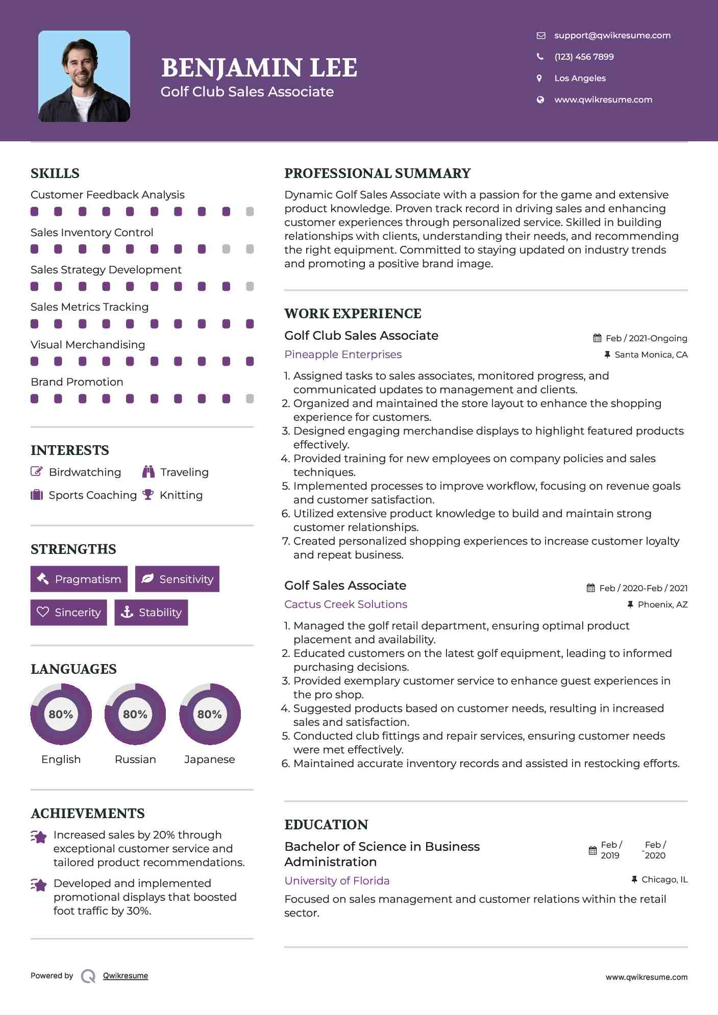 Golf Club Sales Associate Resume Sample