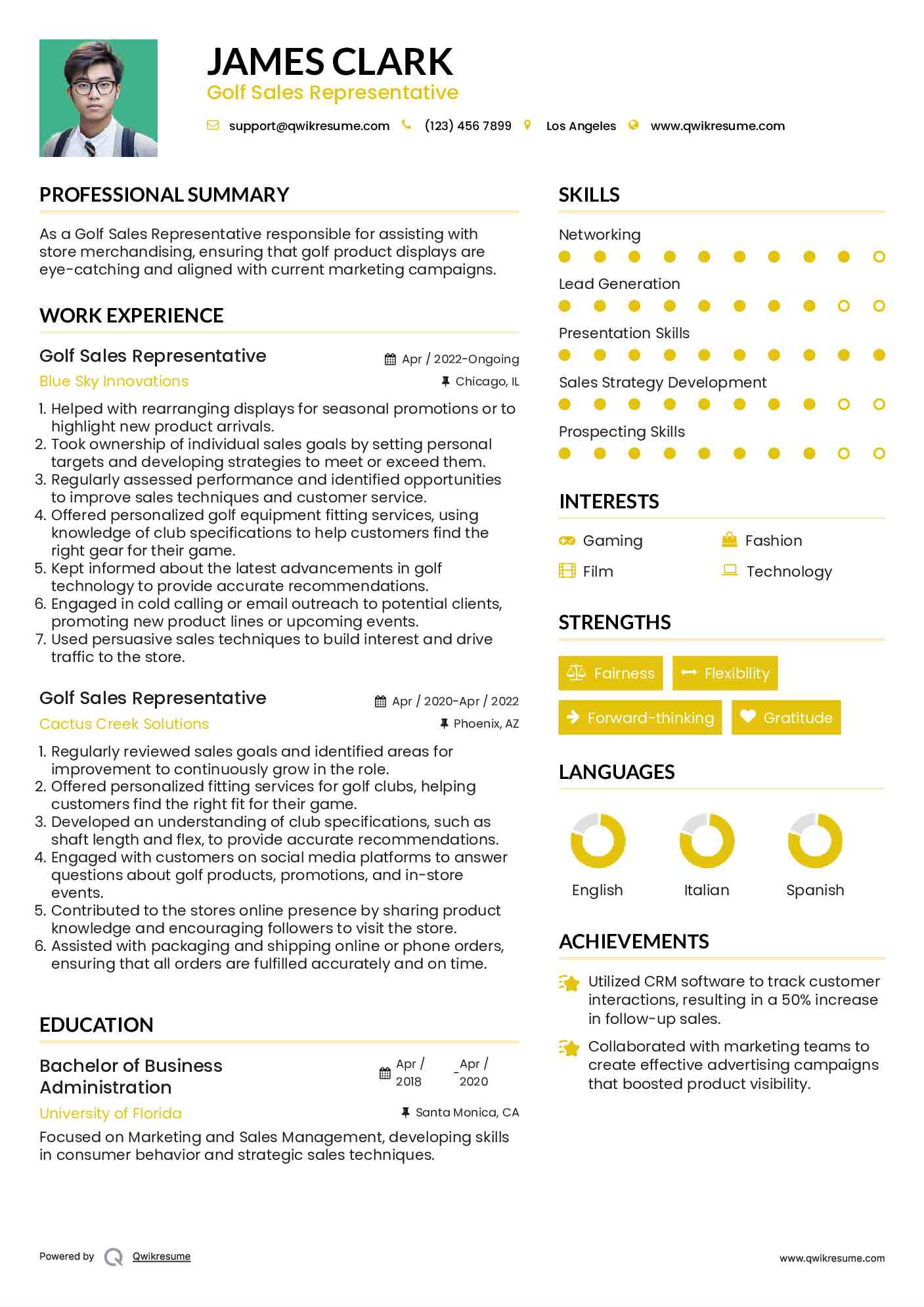 Golf Sales Representative Resume Sample