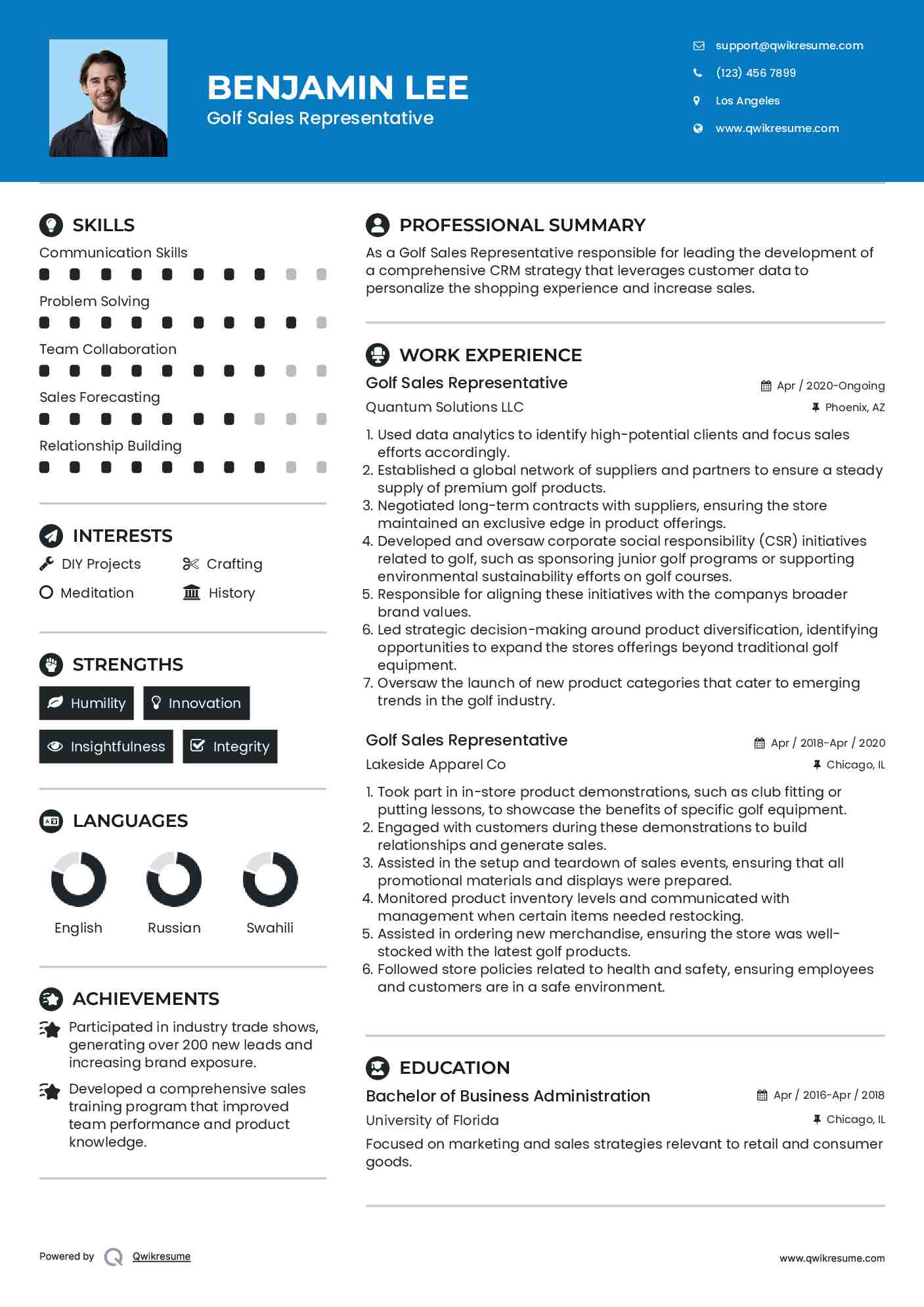 Golf Sales Representative Resume Sample