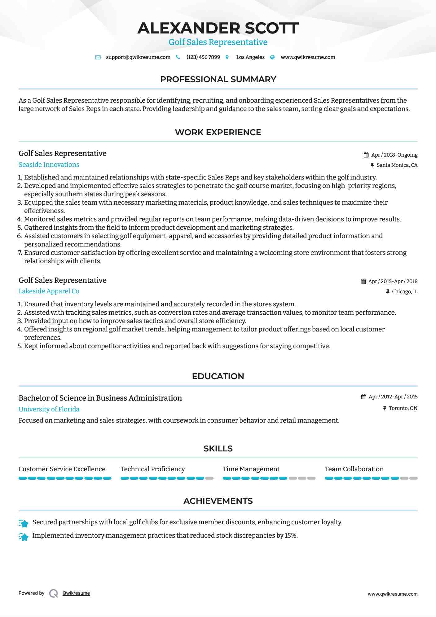 Golf Sales Representative Resume Template