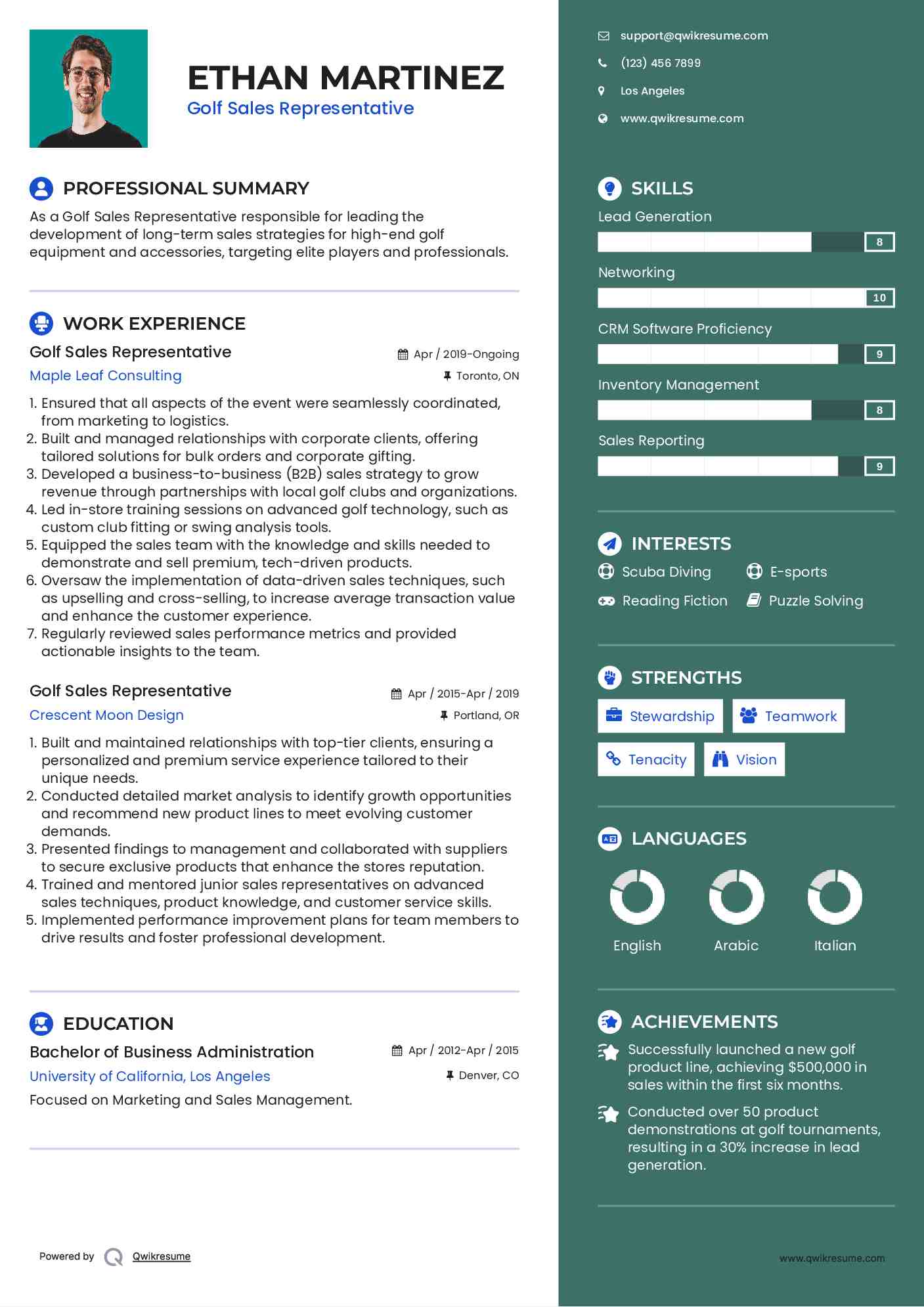 Golf Sales Representative Resume Format