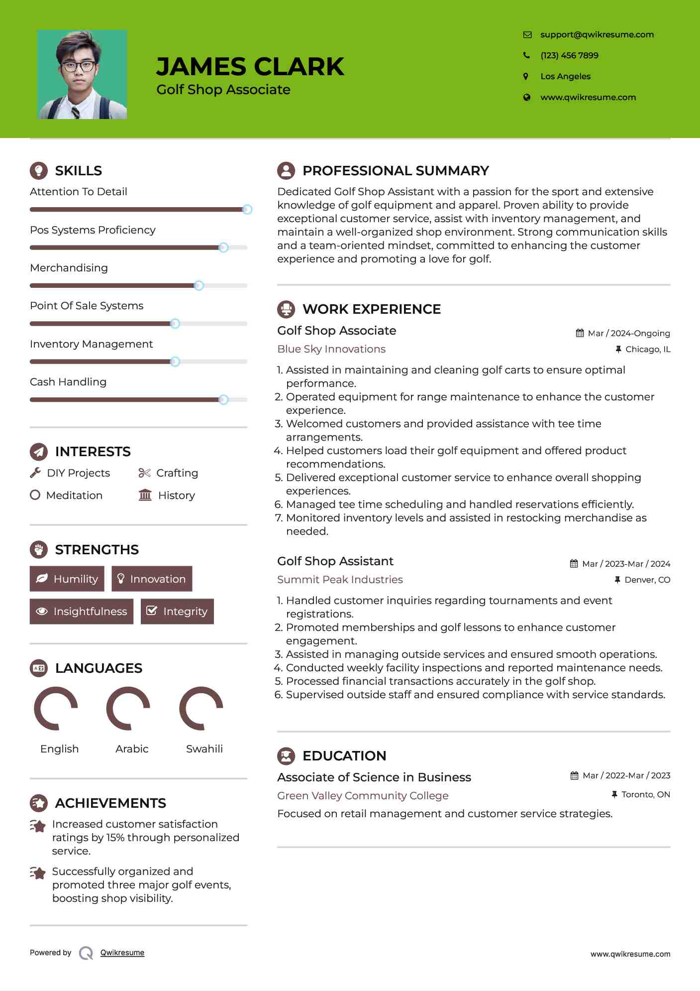 Golf Shop Associate Resume Template