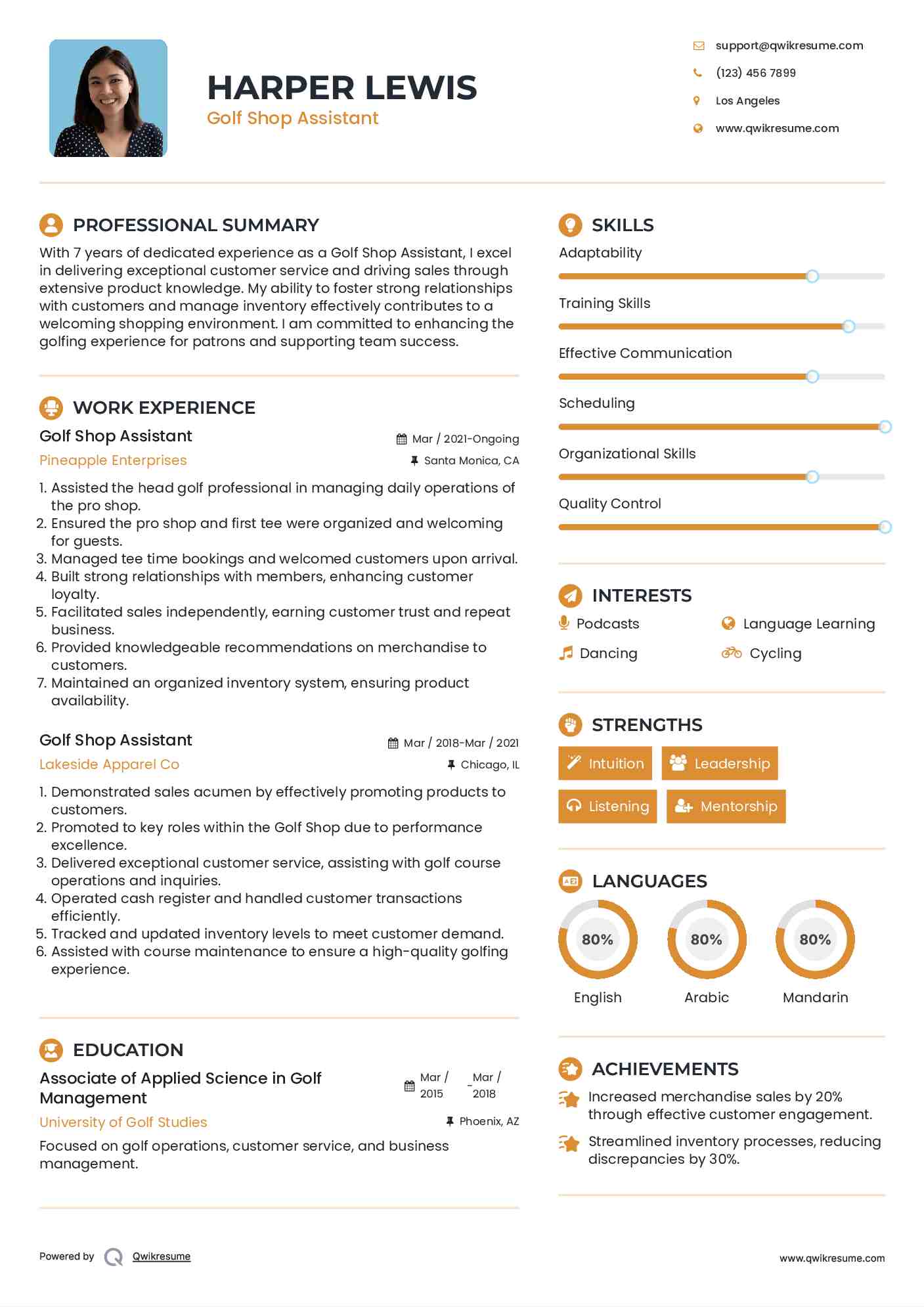 Golf Shop Assistant Resume Format