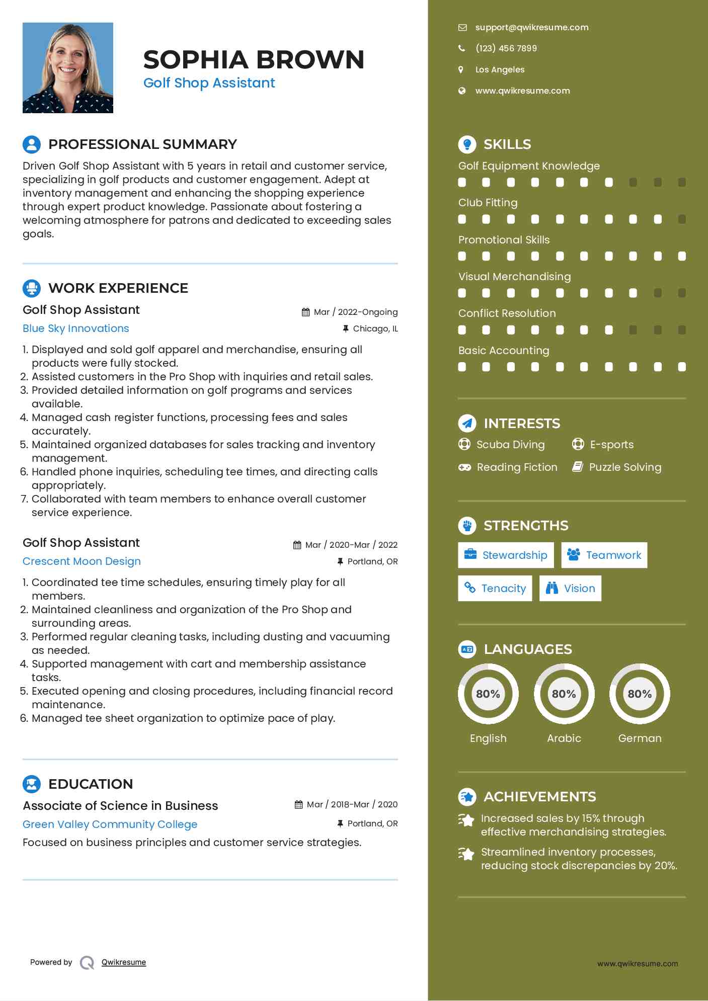 Golf Shop Assistant Resume Example