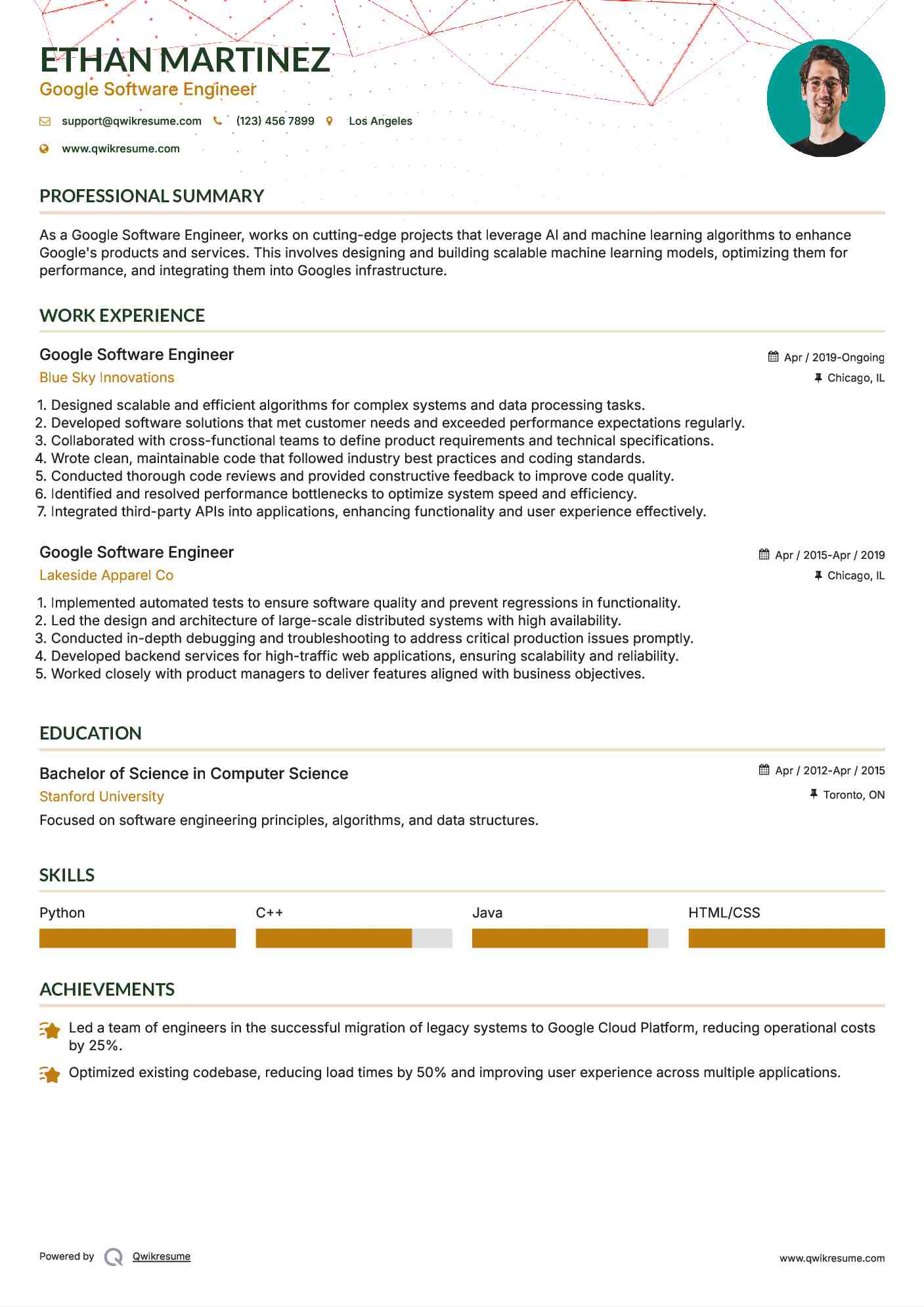 Google Software Engineer Resume Template