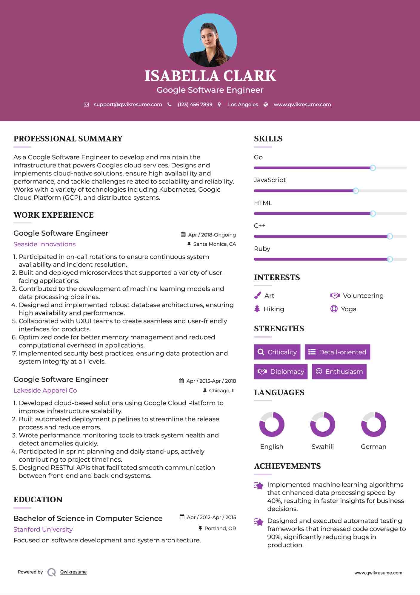 Google Software Engineer Resume Format