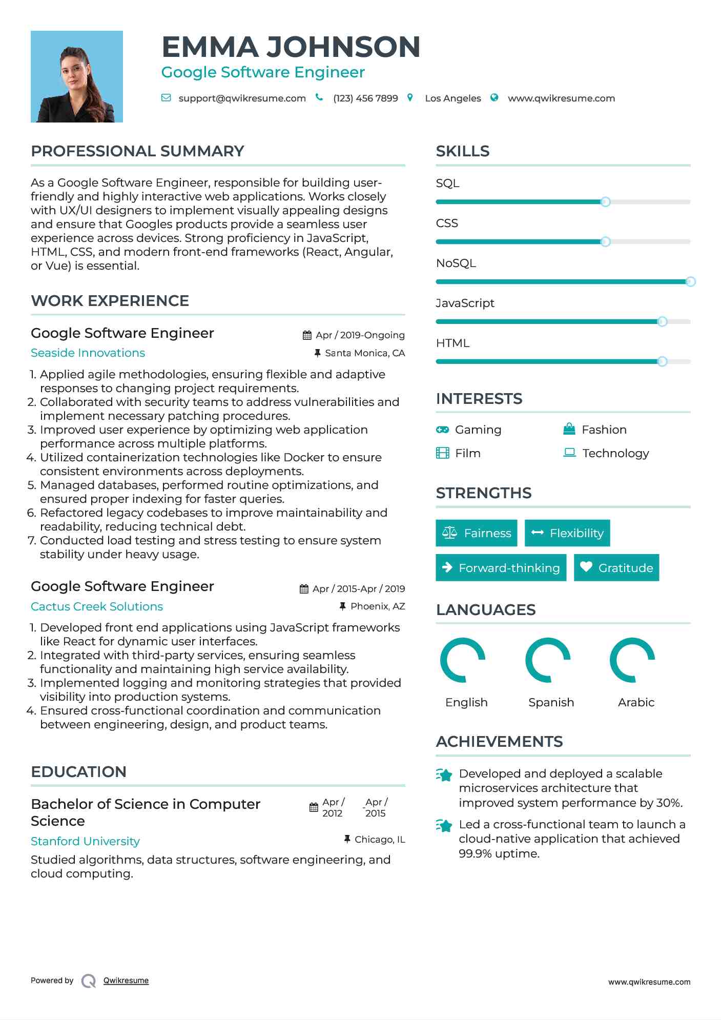 Google Software Engineer Resume Model
