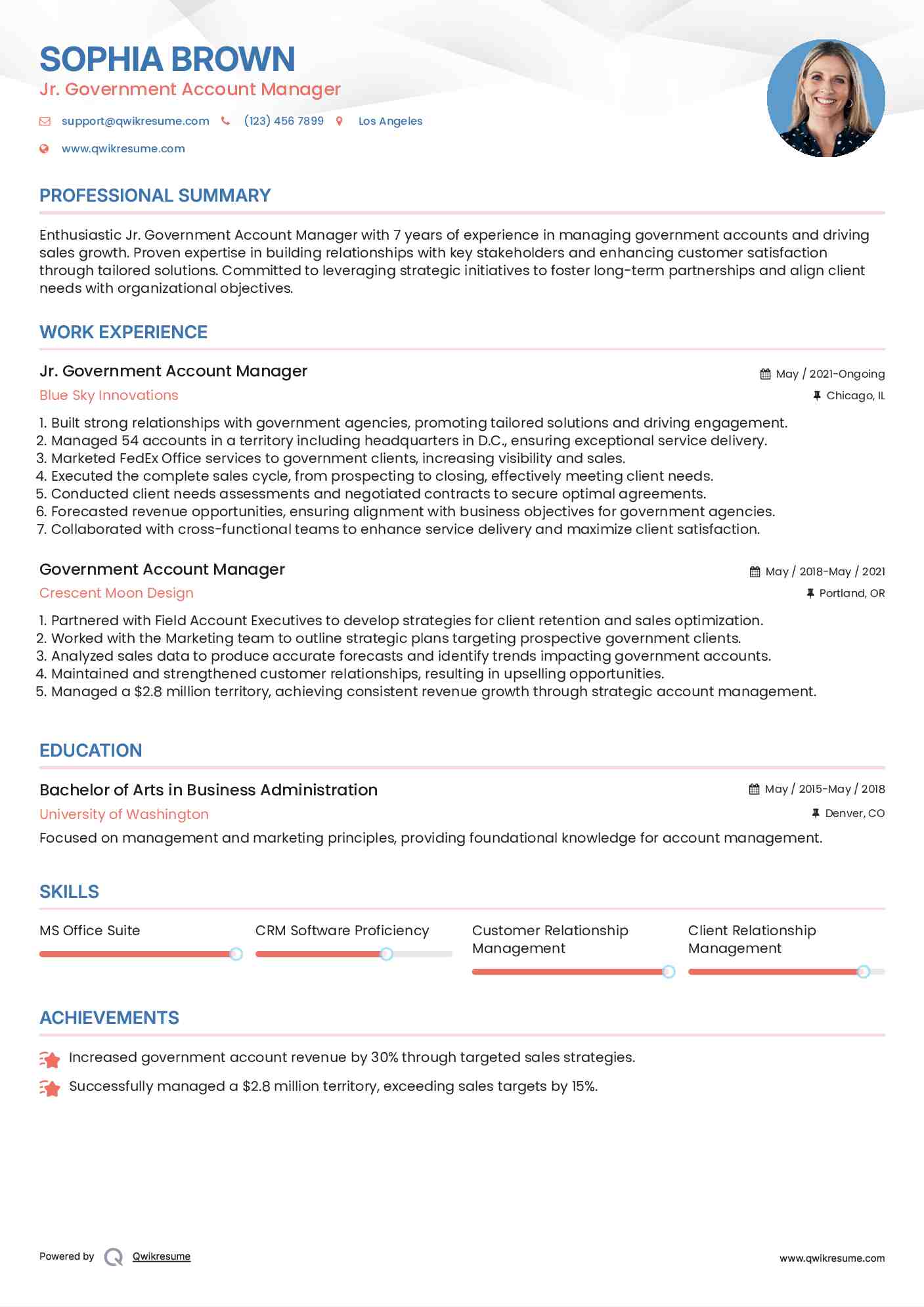 Jr. Government Account Manager Resume Example