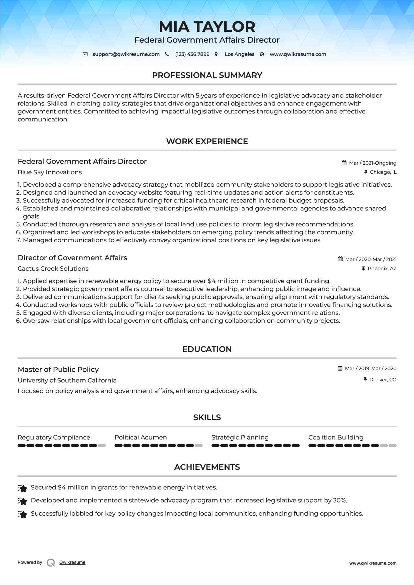 Federal Government Affairs Director Resume Sample