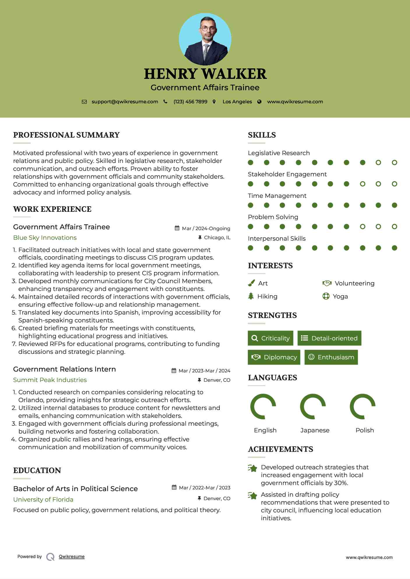 Government Affairs Trainee Resume Example