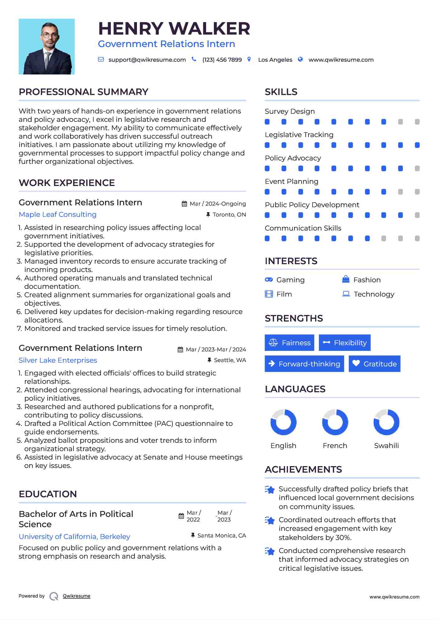 Government Relations Intern Resume Example