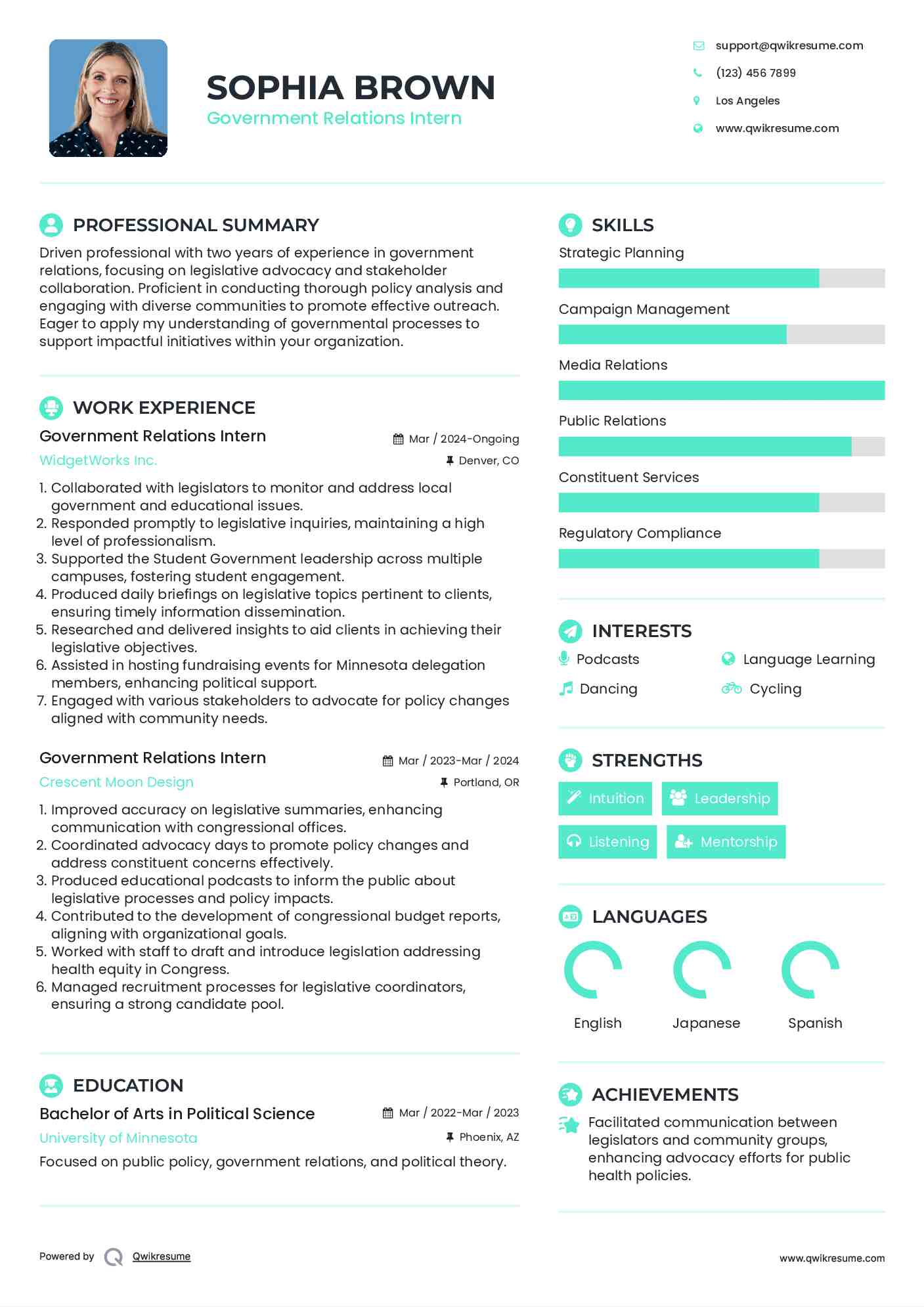 Government Relations Intern Resume Example