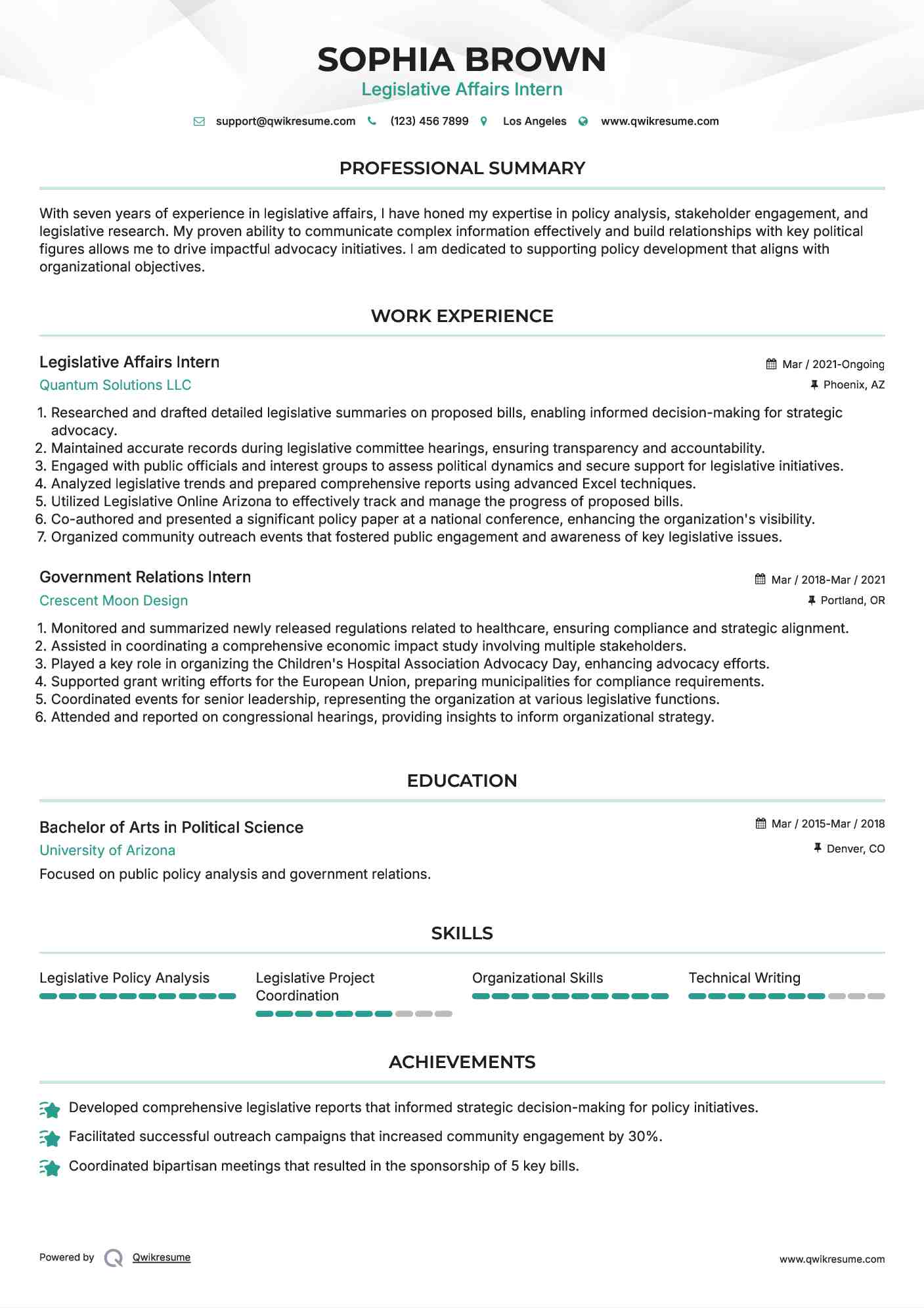 Legislative Affairs Intern Resume Example