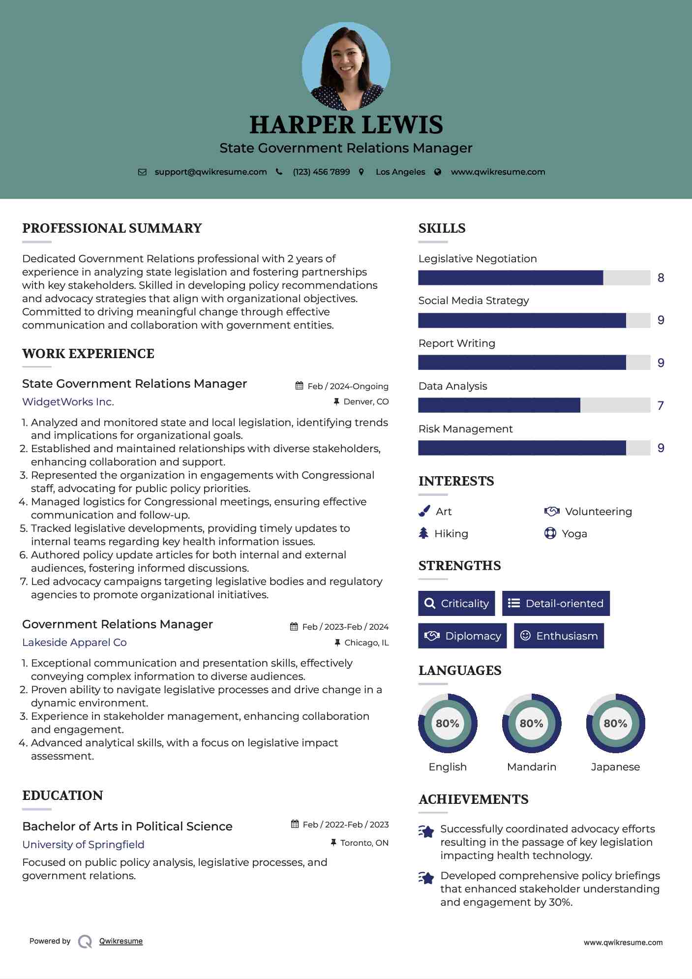 State Government Relations Manager Resume Sample
