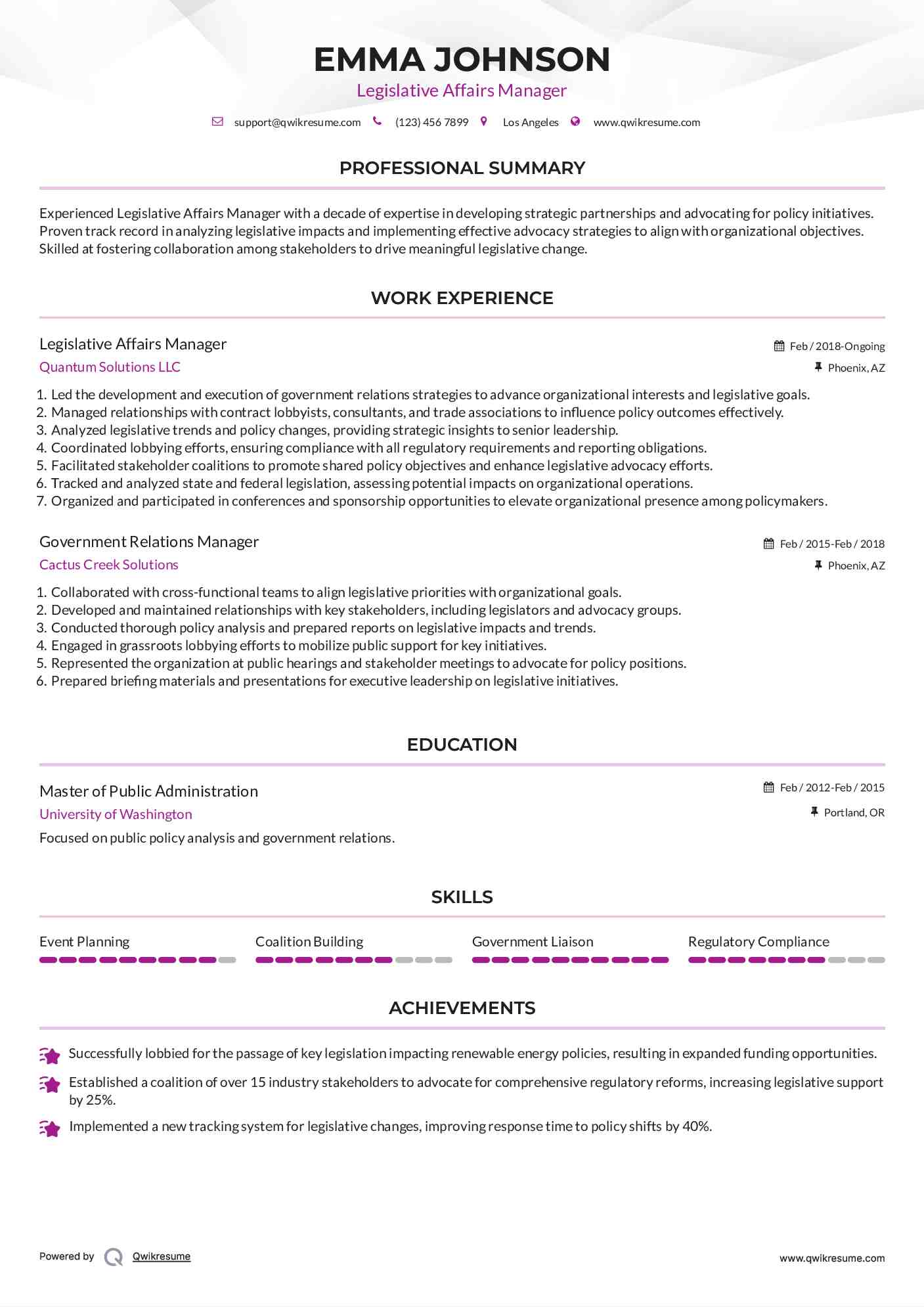 Legislative Affairs Manager Resume Template