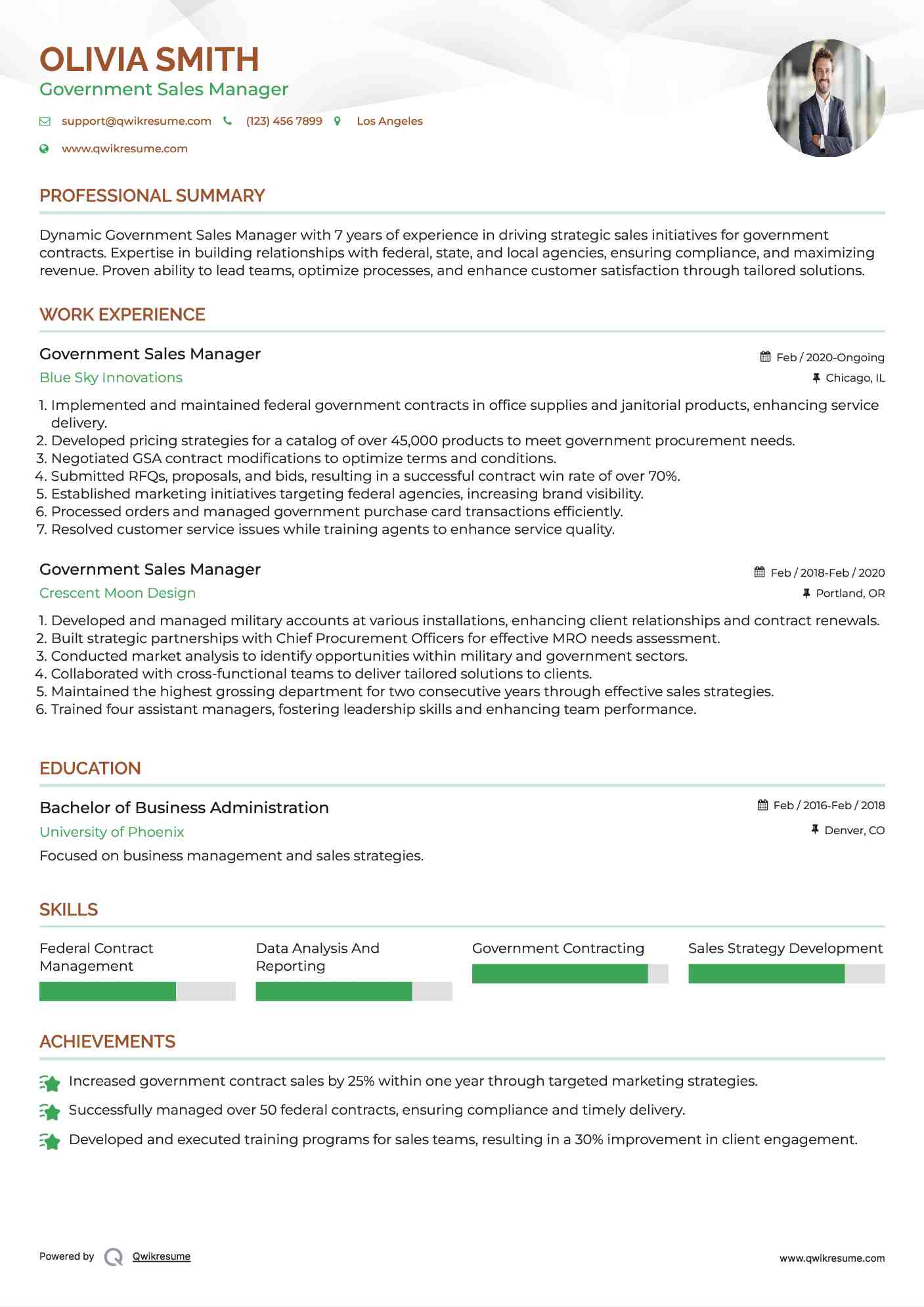 Government Sales Manager Resume Example