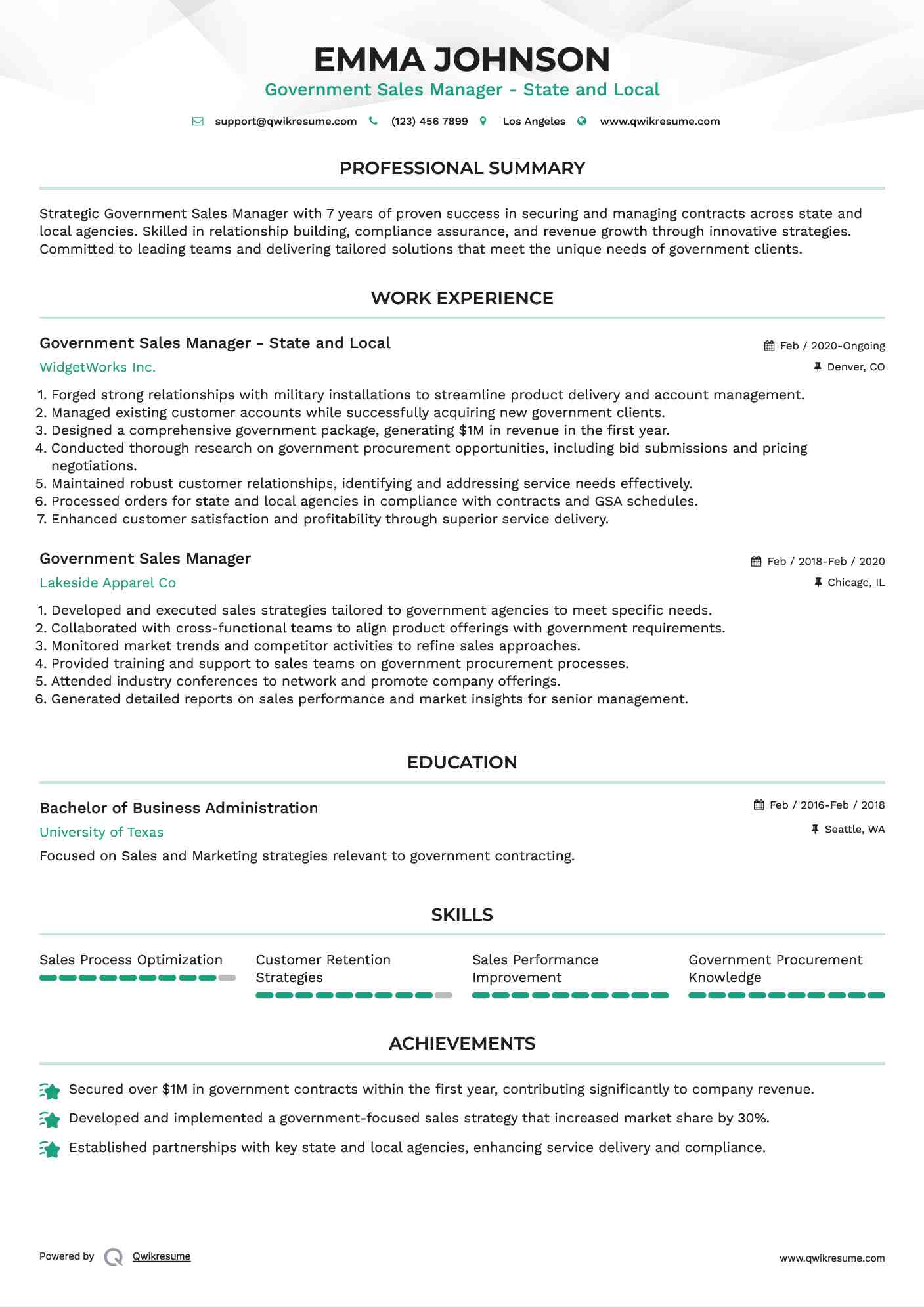 Government Sales Manager - State and Local Resume Template
