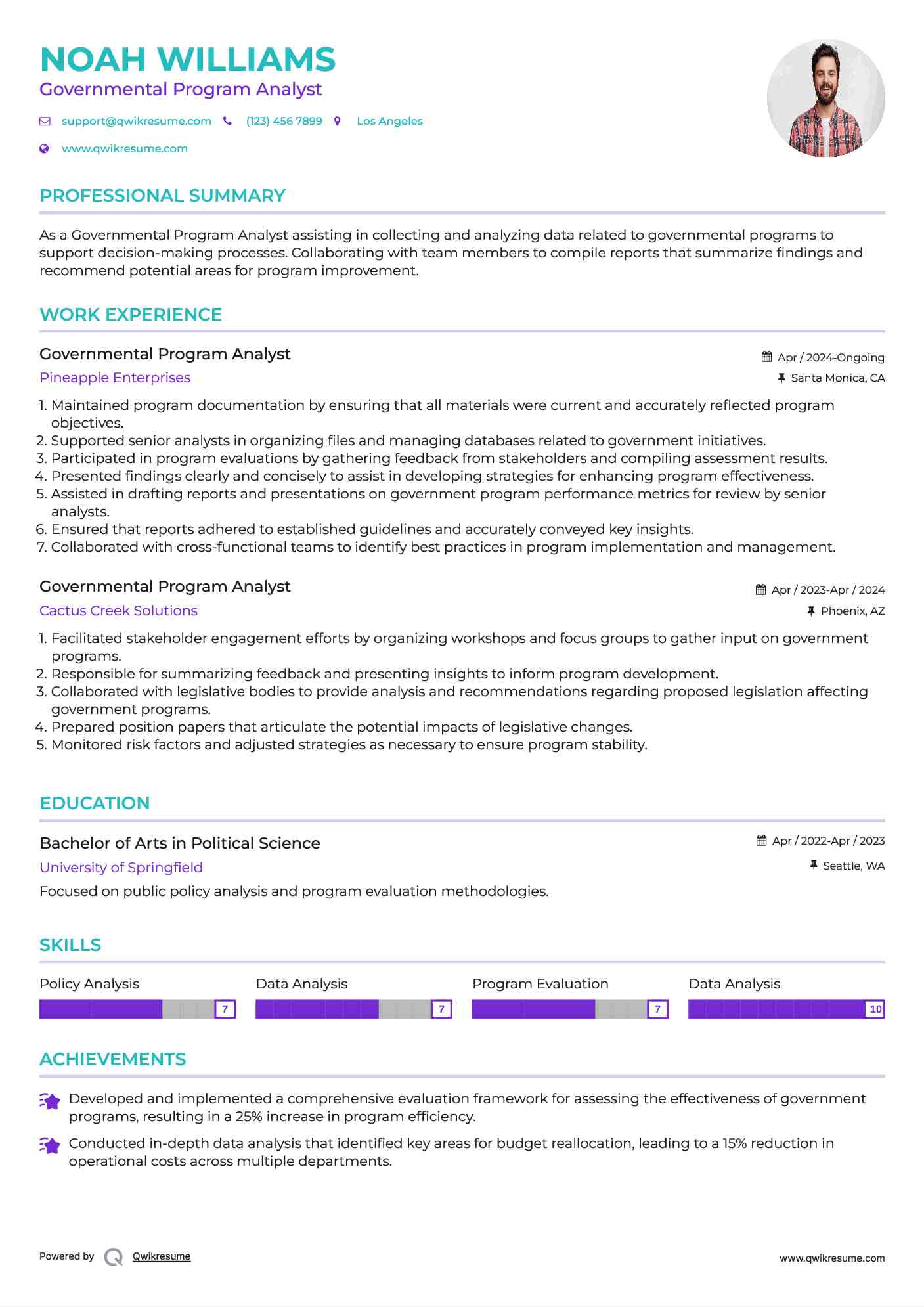 Governmental Program Analyst Resume Example