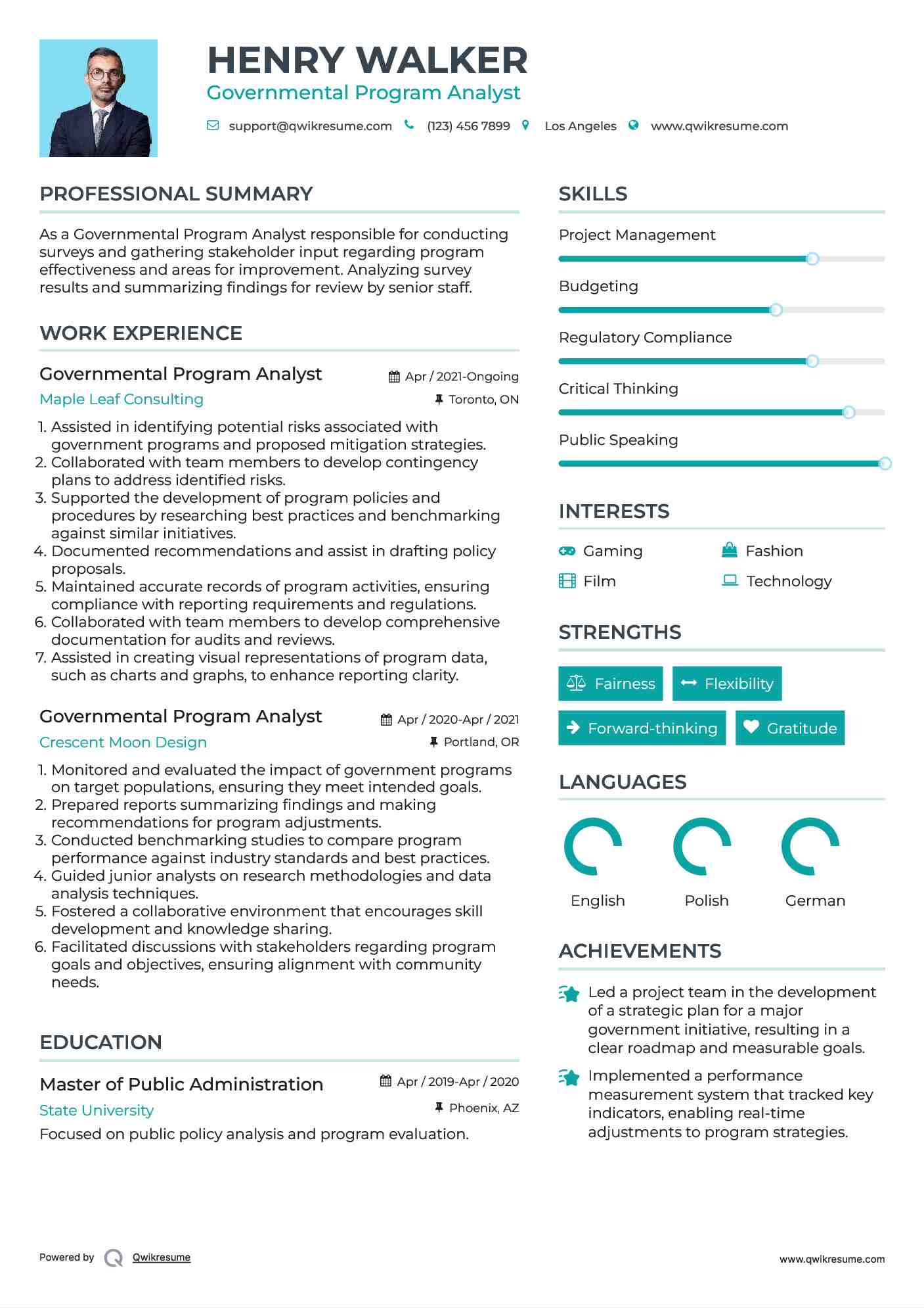 Governmental Program Analyst Resume Sample