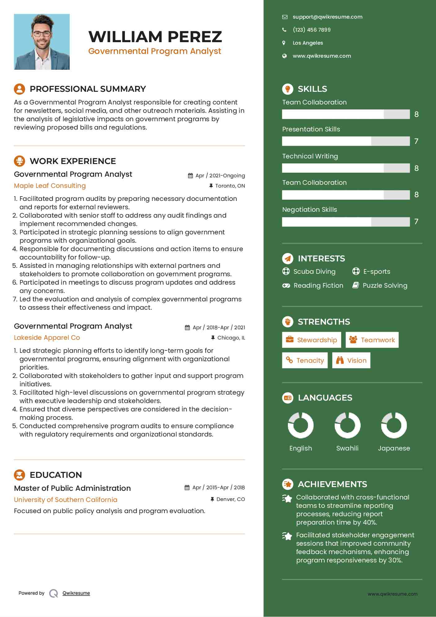 Governmental Program Analyst Resume Template