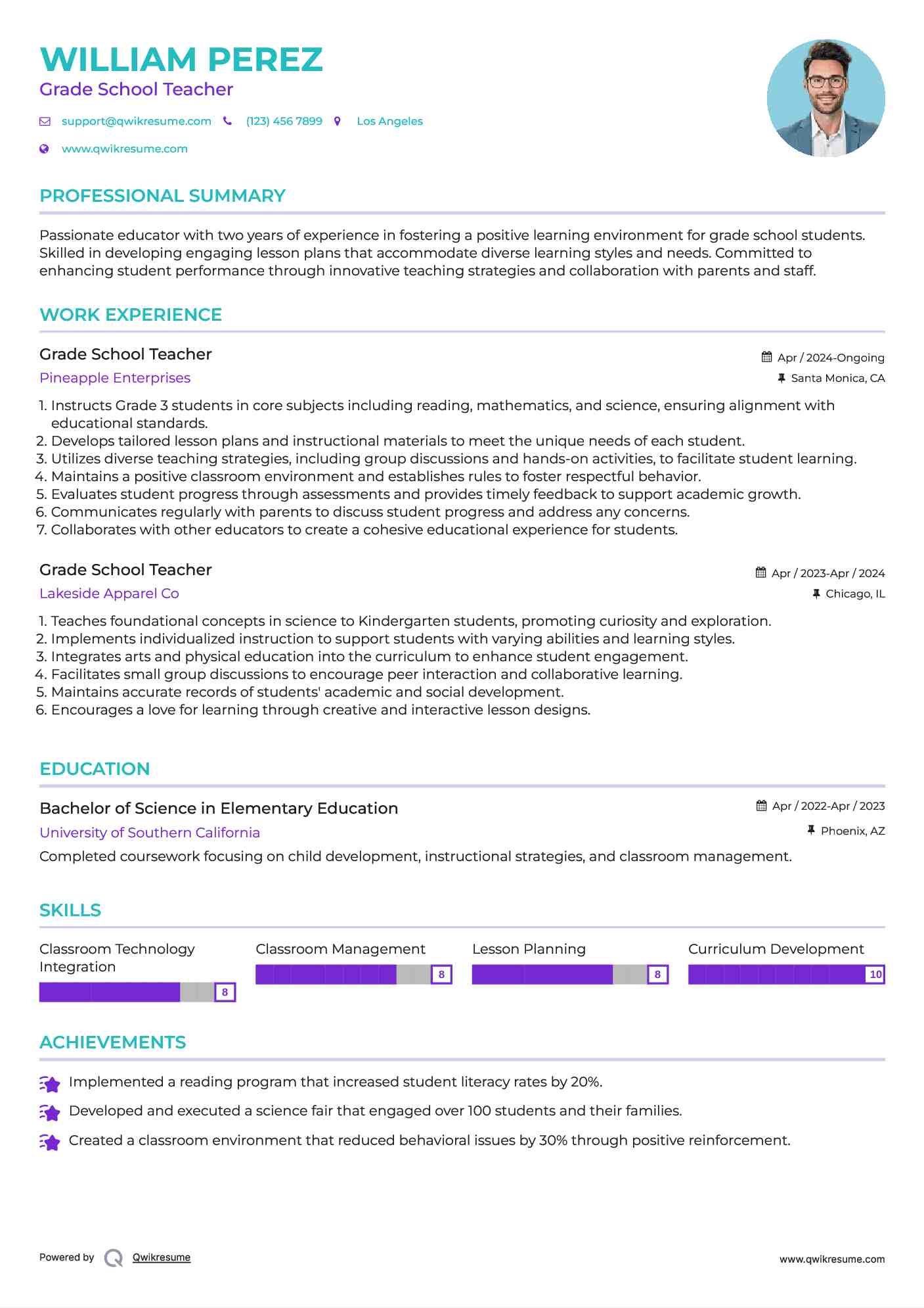 Grade School Teacher Resume Format