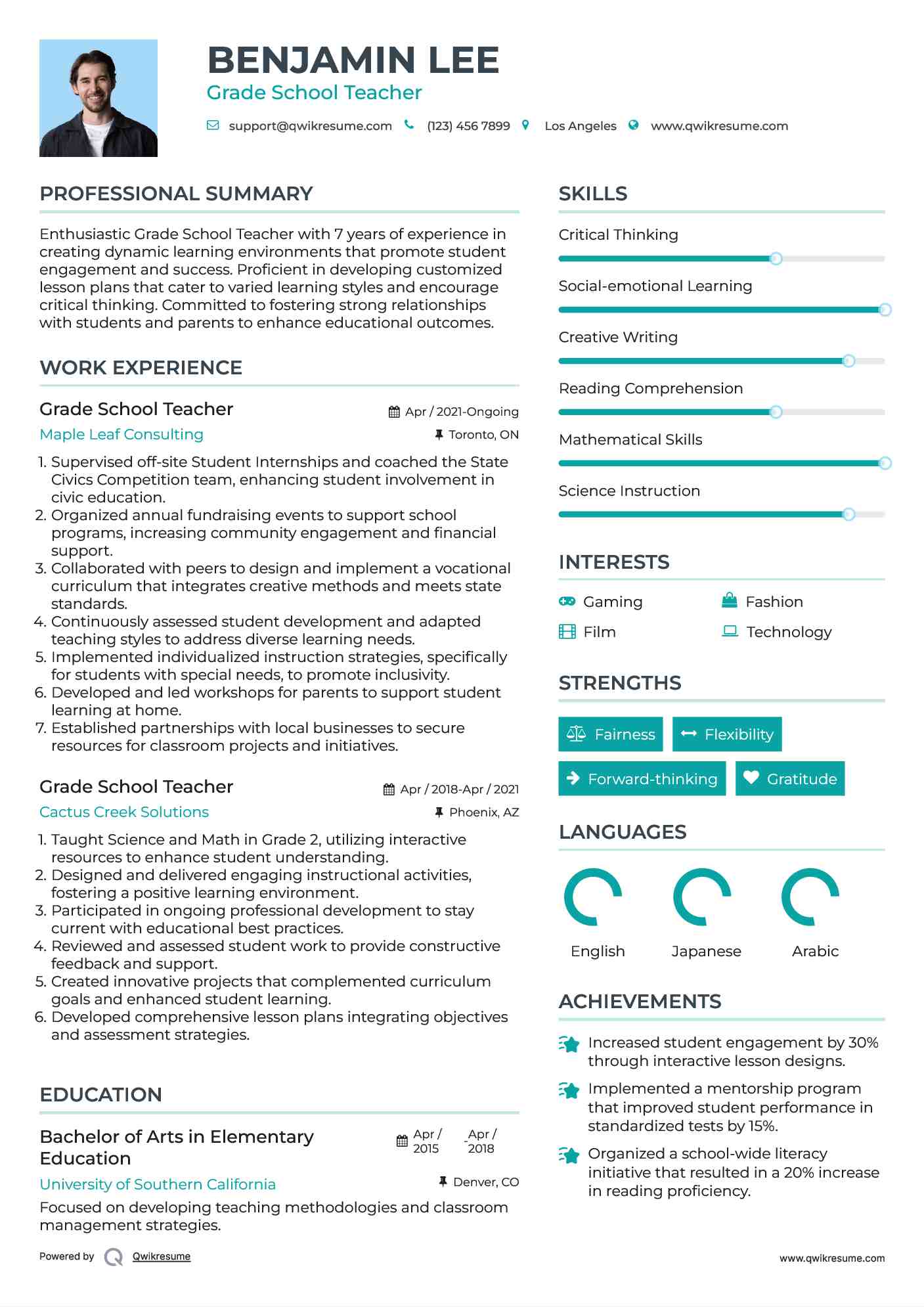 Grade School Teacher Resume Model