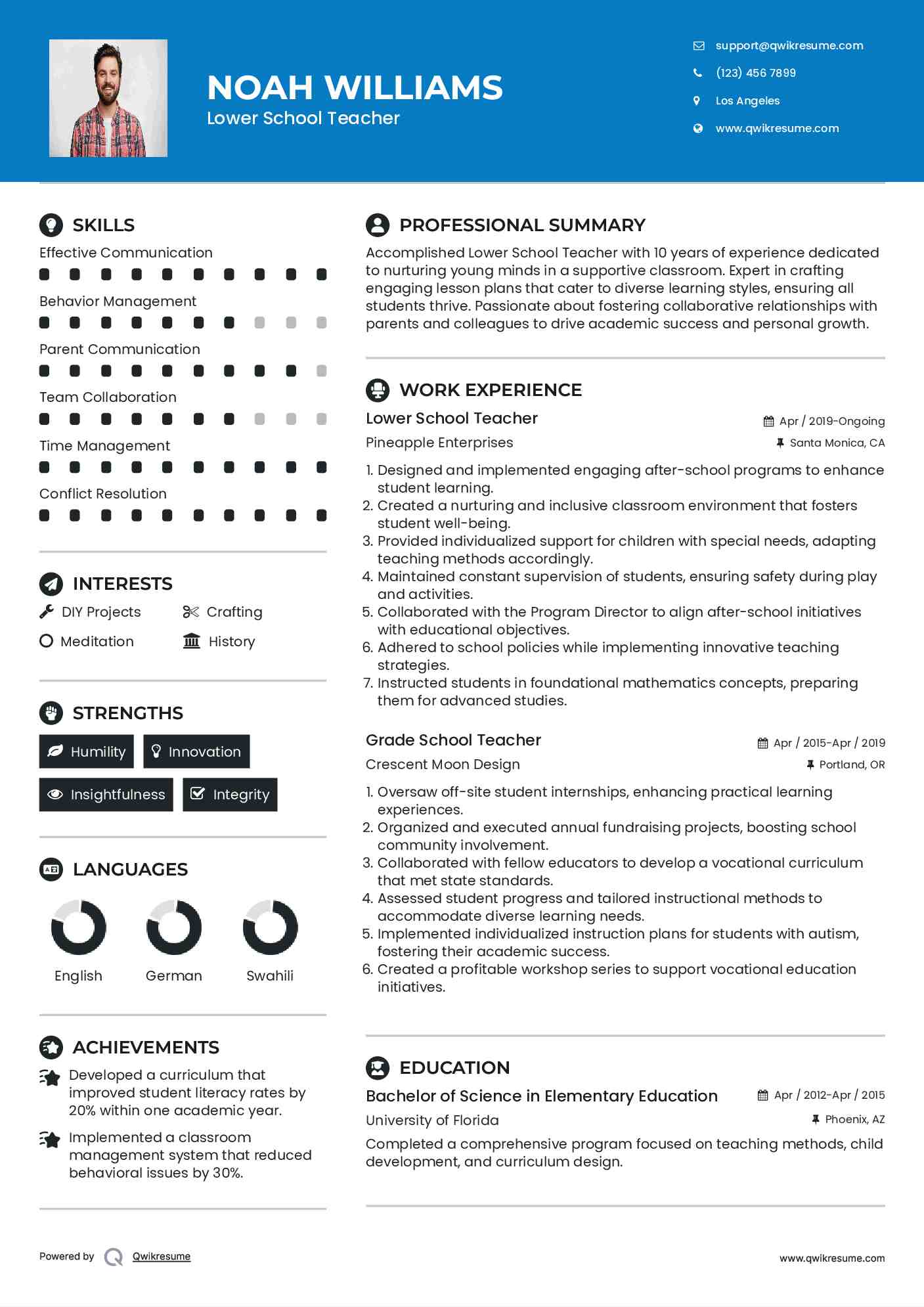 Lower School Teacher Resume Example