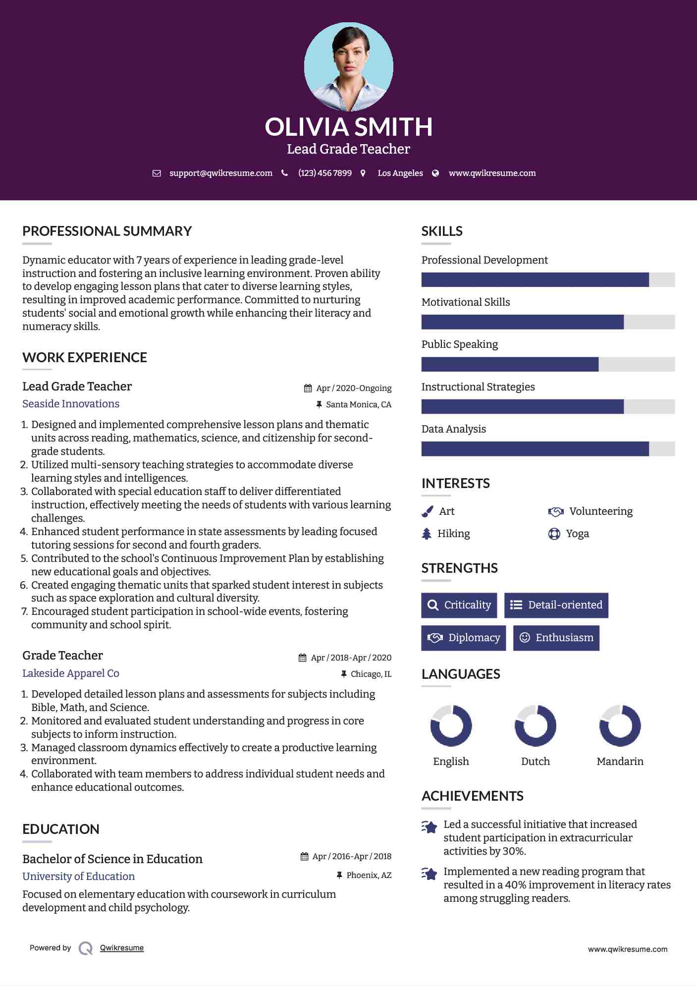 Lead Grade Teacher Resume Template
