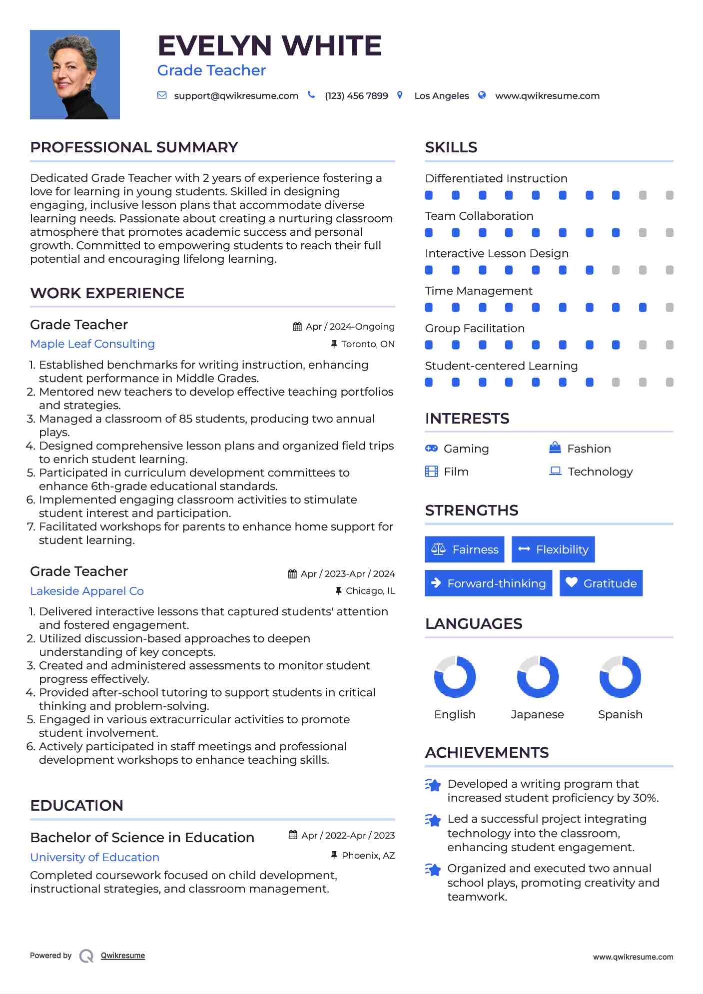 Grade Teacher Resume Model