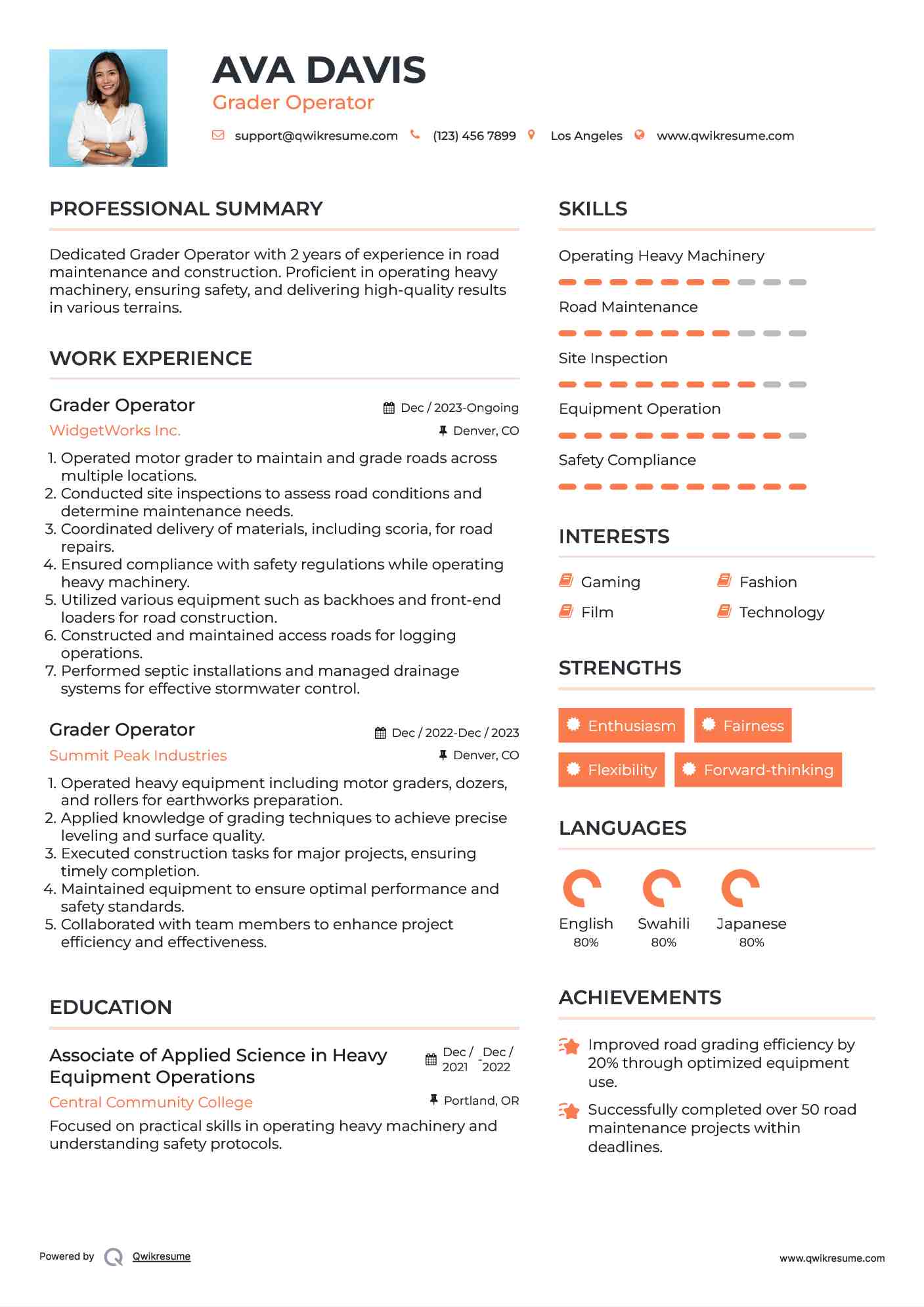 Grader Operator Resume Samples QwikResume