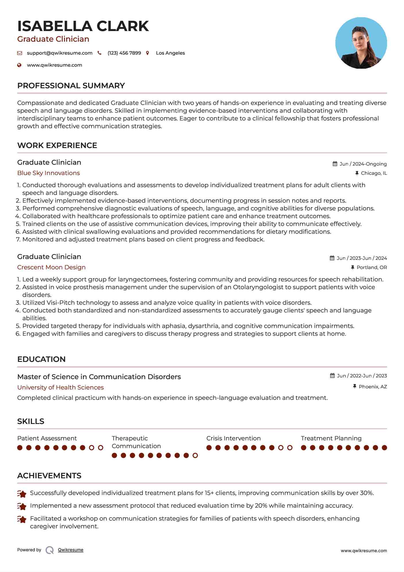 Graduate Clinician Resume Format