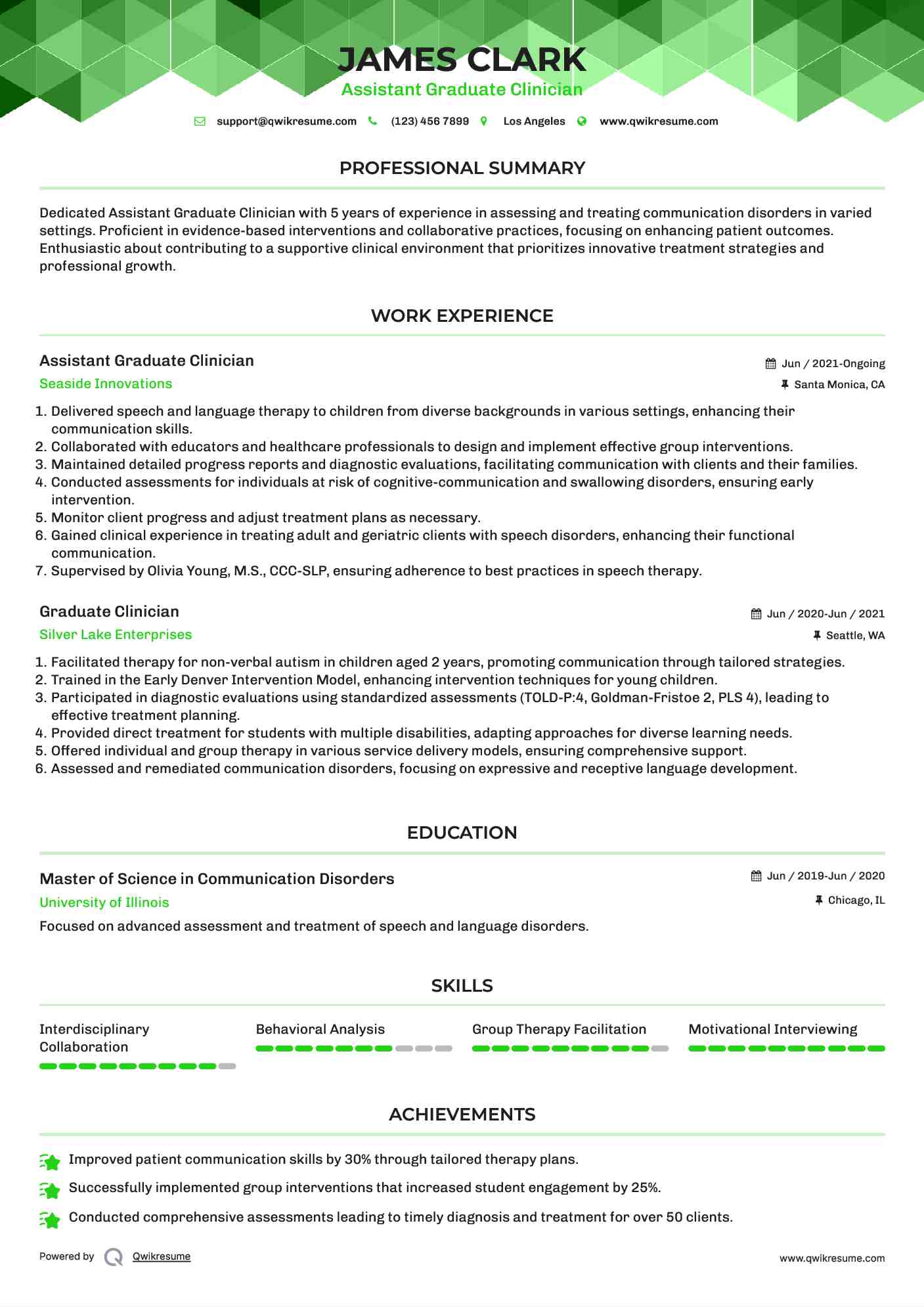 Assistant Graduate Clinician Resume Example