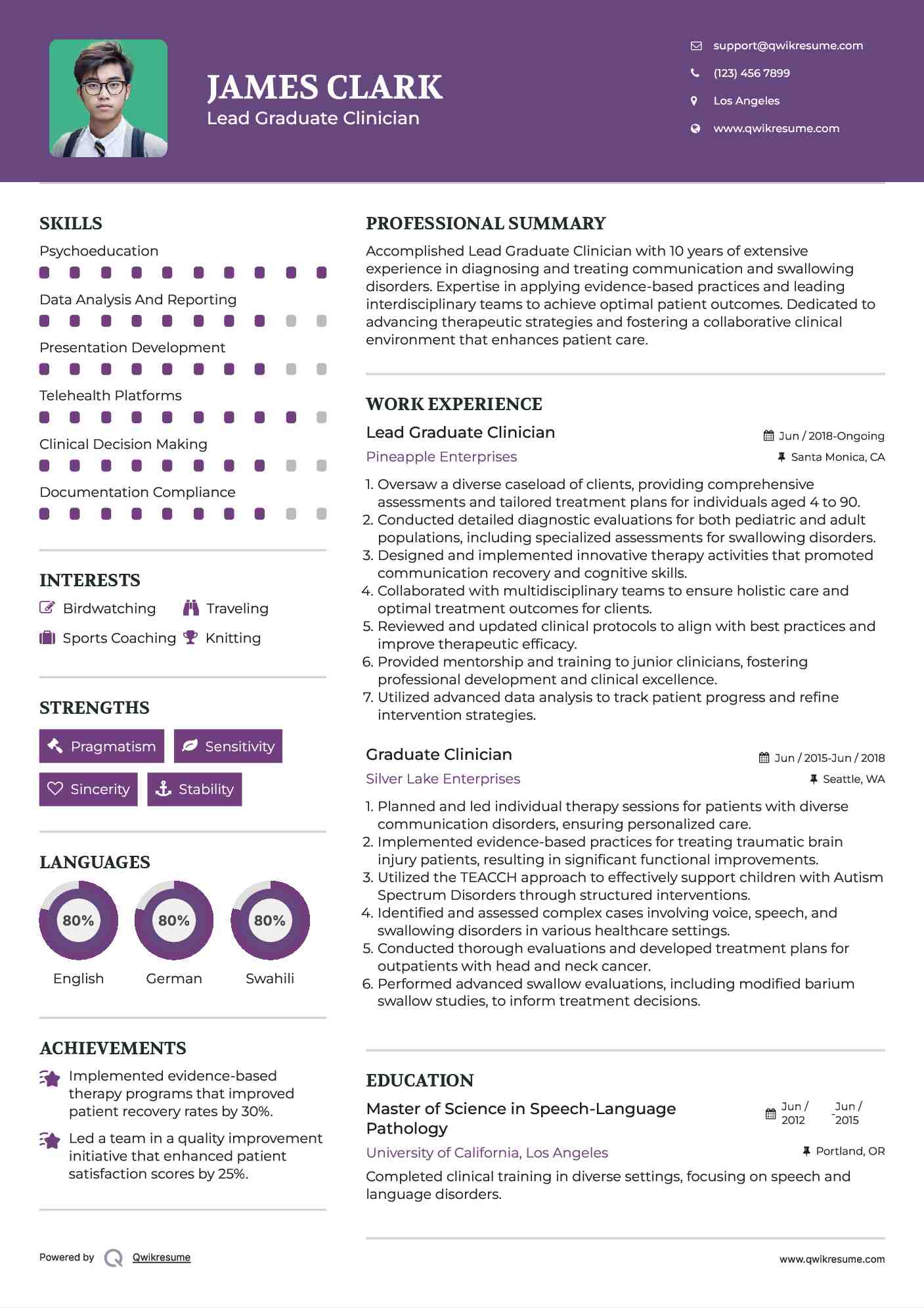 Lead Graduate Clinician Resume Format