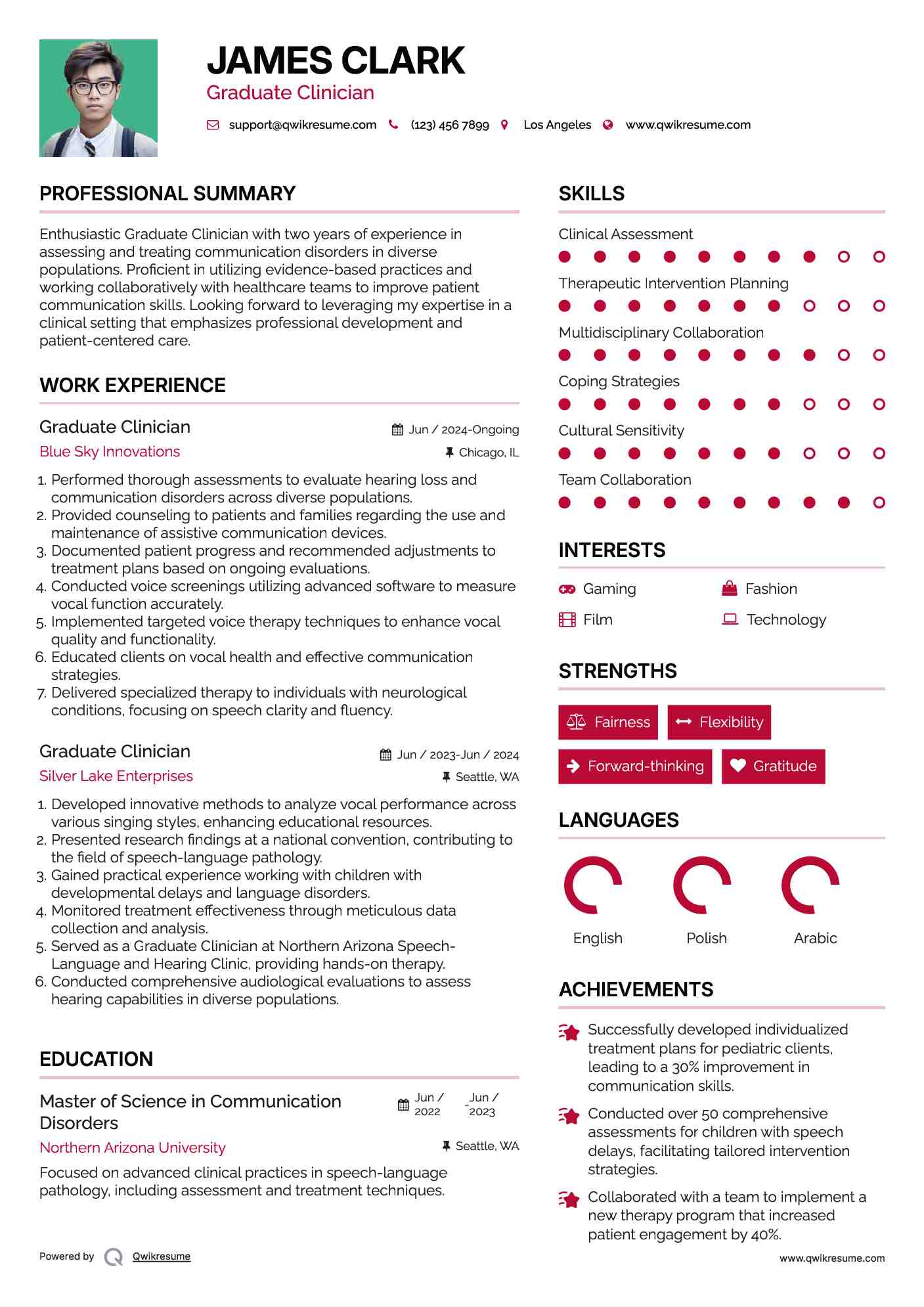 Graduate Clinician Resume Example