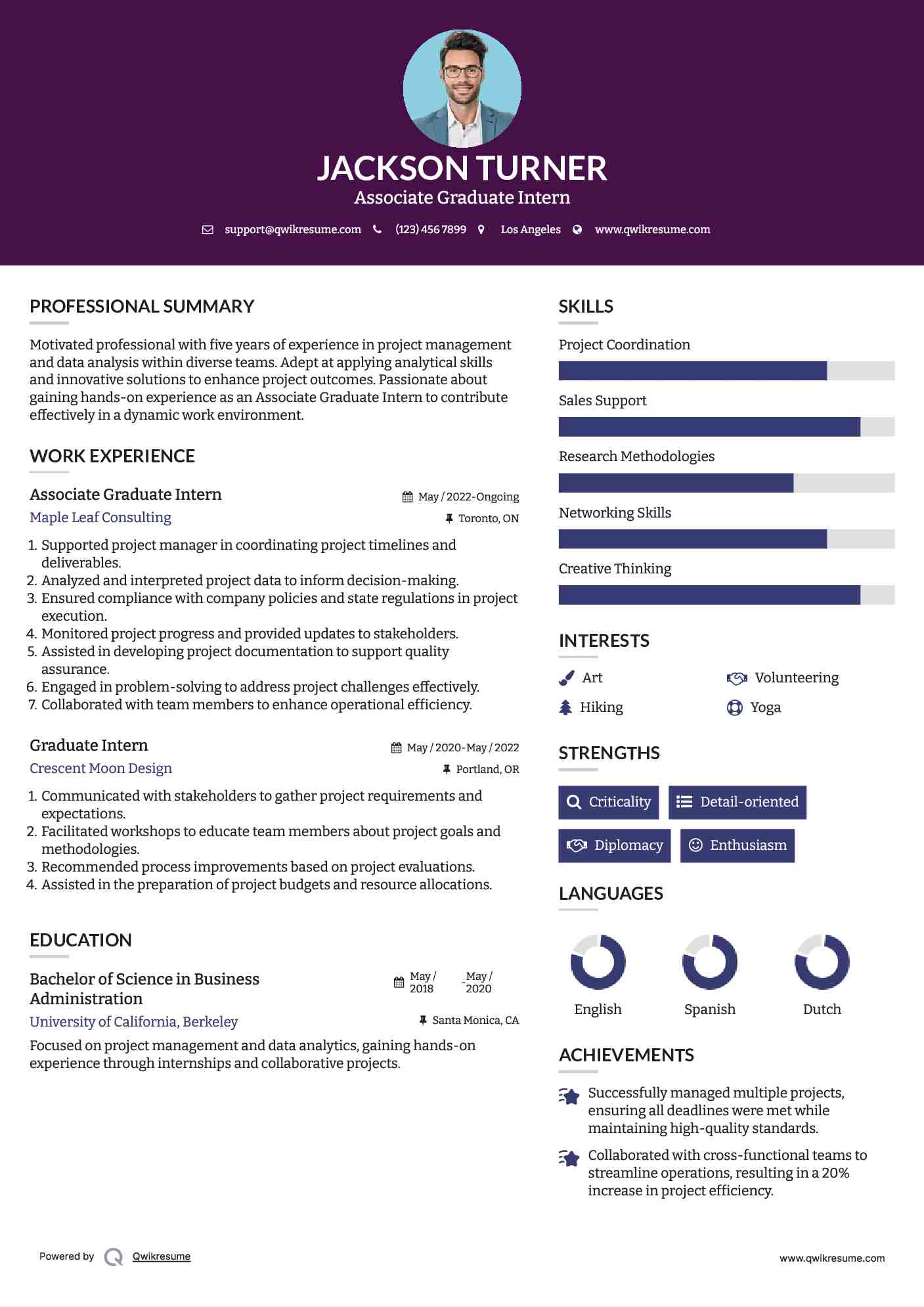 Associate Graduate Intern
 Resume Model