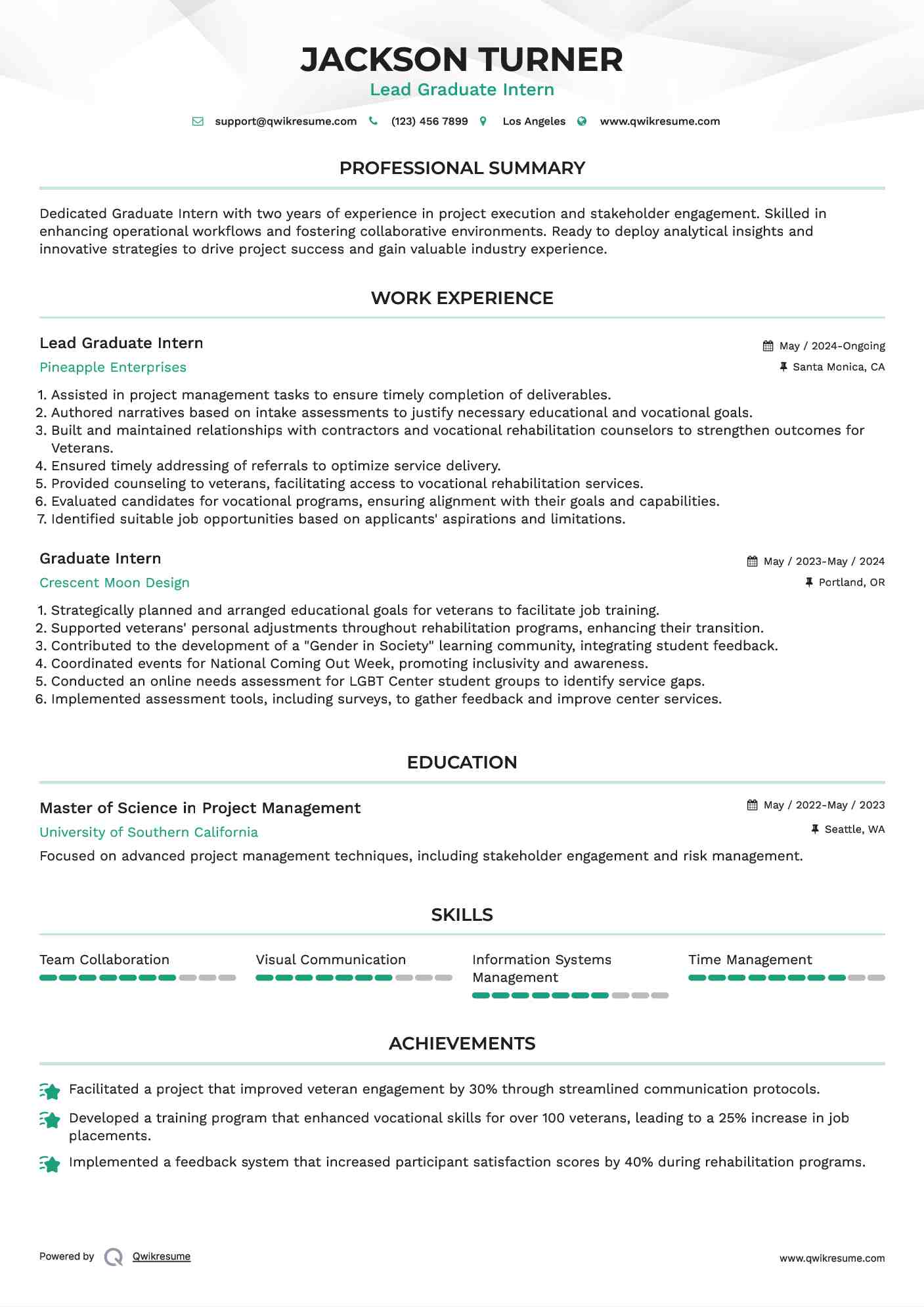 Lead Graduate Intern Resume Sample