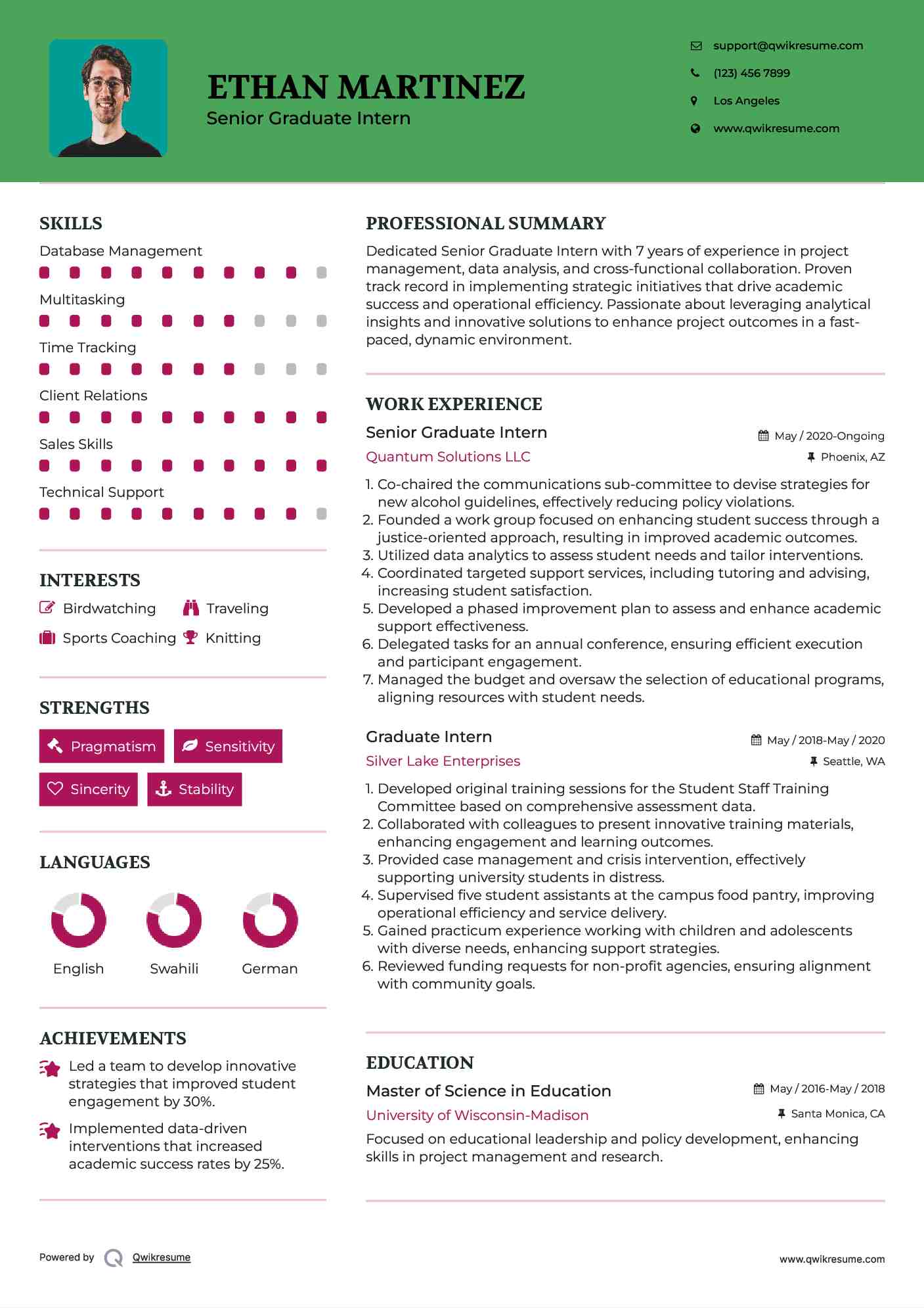 Senior Graduate Intern Resume Model