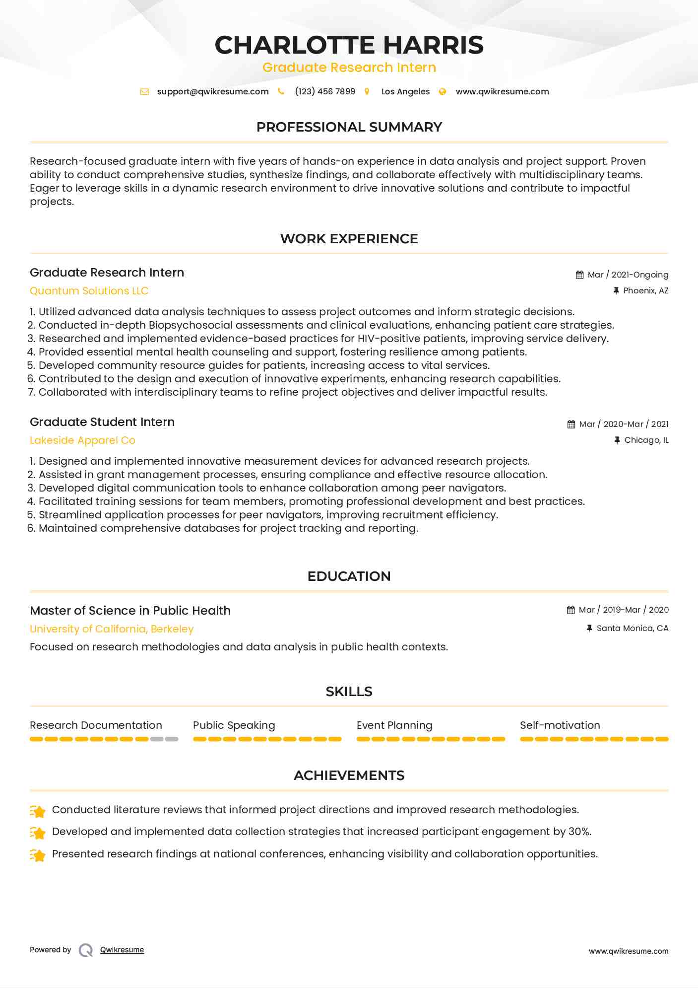 Graduate Research Intern Resume Format