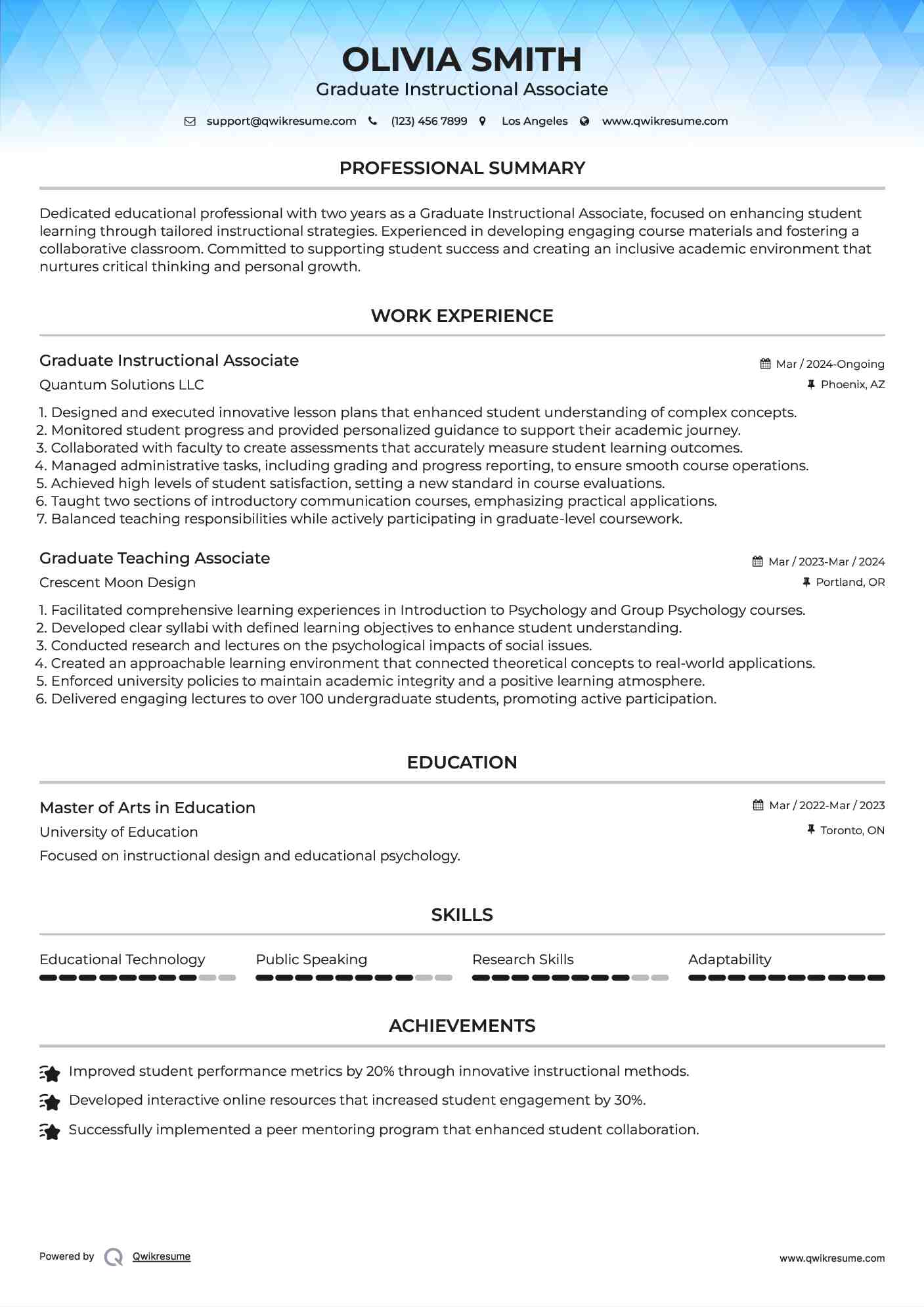 Graduate Instructional Associate Resume Sample