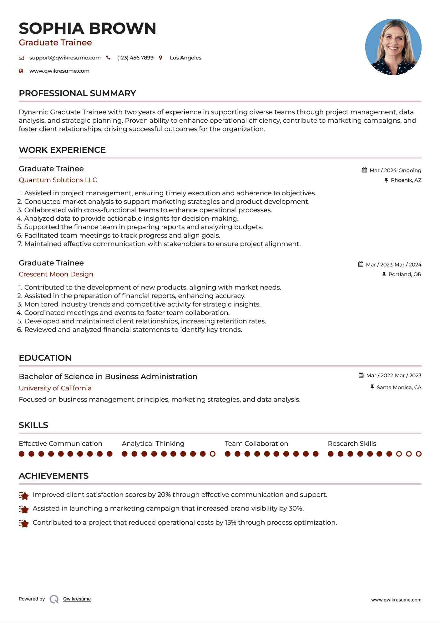 Graduate Trainee Resume Example