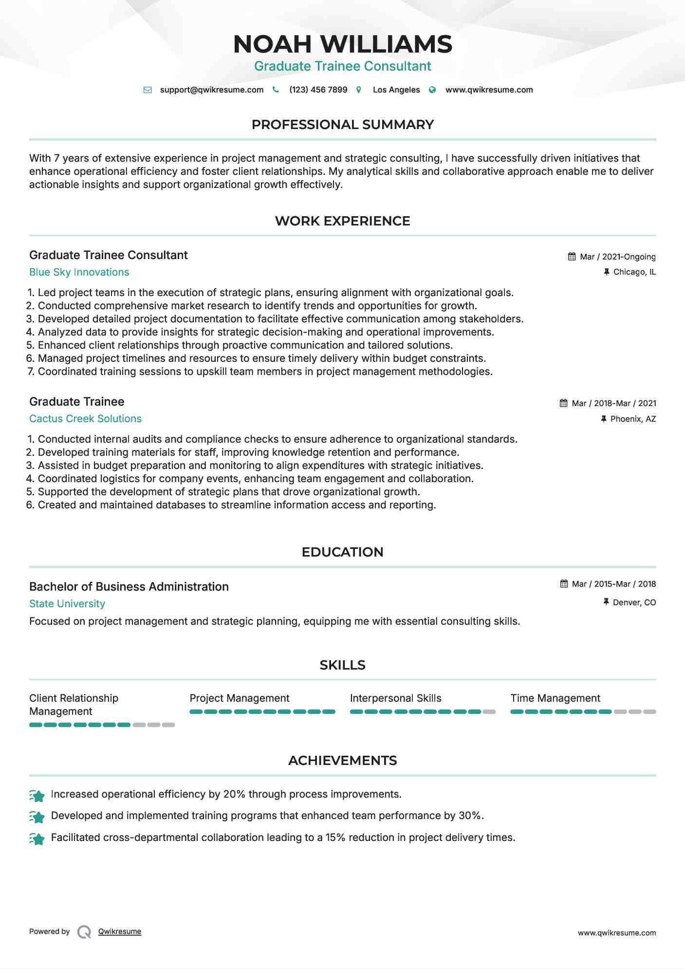 Graduate Trainee Consultant Resume Example