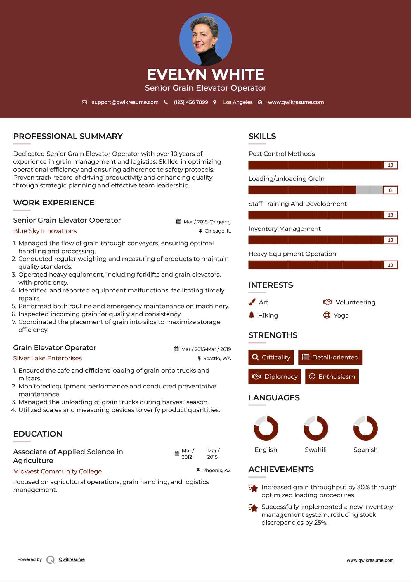Senior Grain Elevator Operator Resume Format