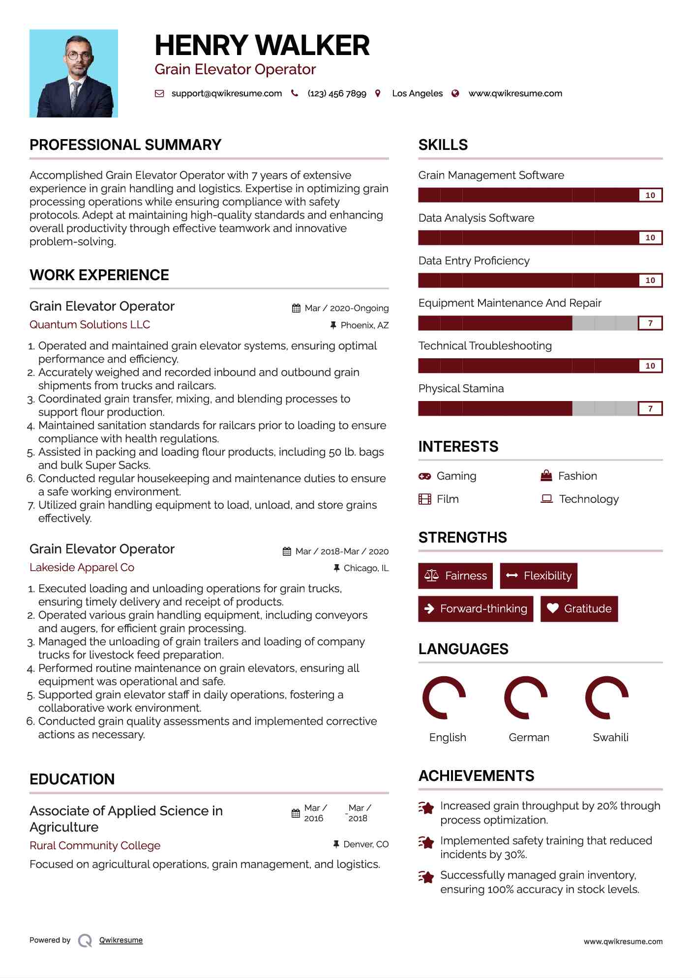 Grain Elevator Operator Resume Model