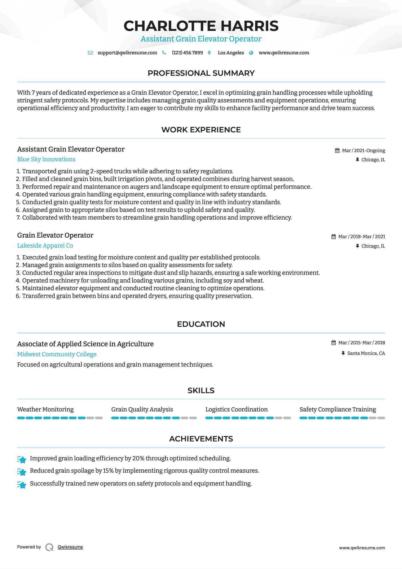 Assistant Grain Elevator Operator Resume Sample