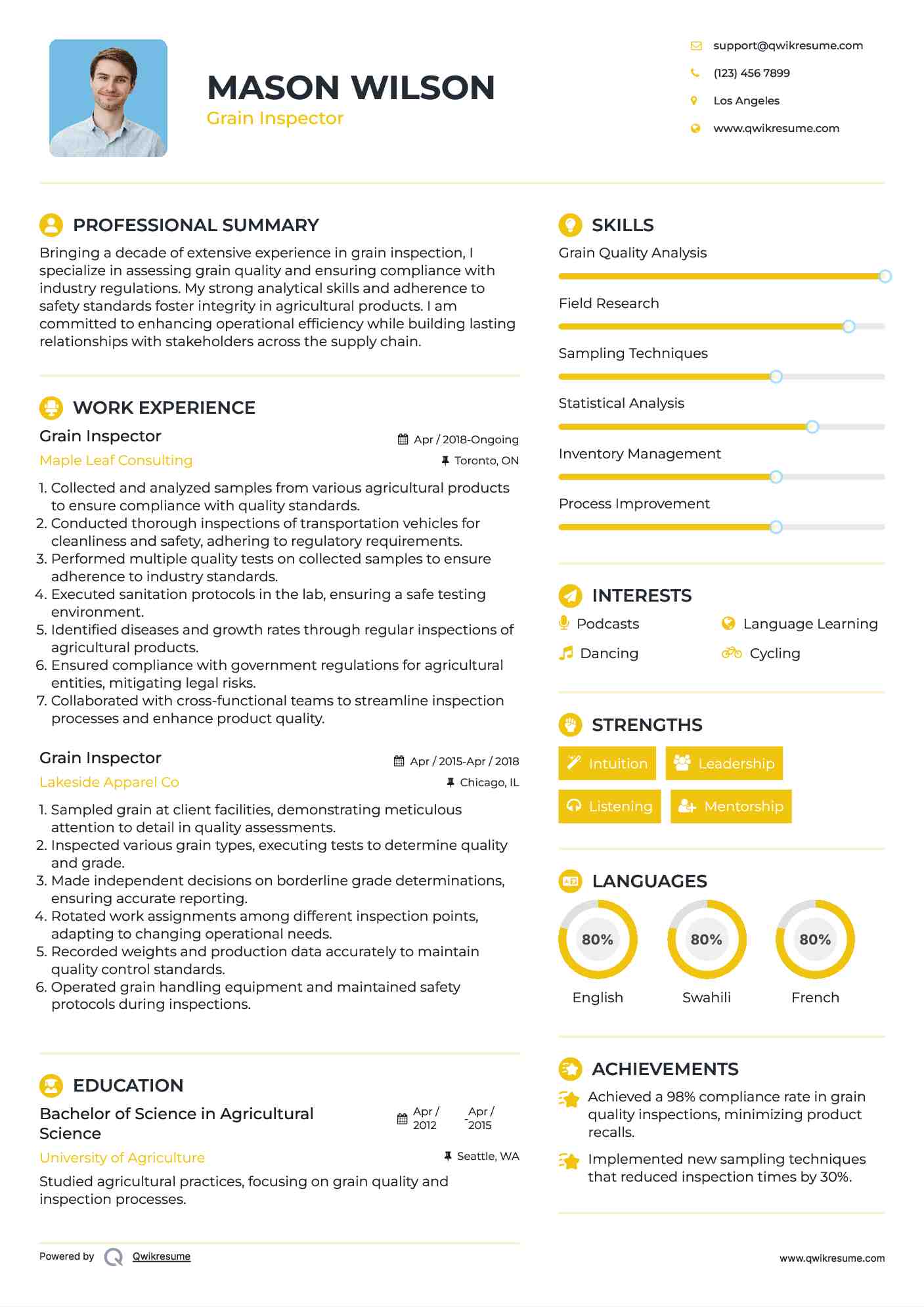 Grain Inspector Resume Example