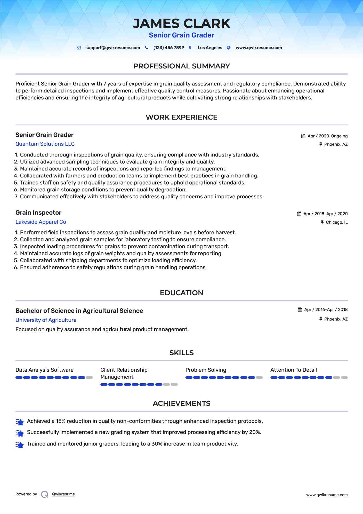 Senior Grain Grader Resume Example
