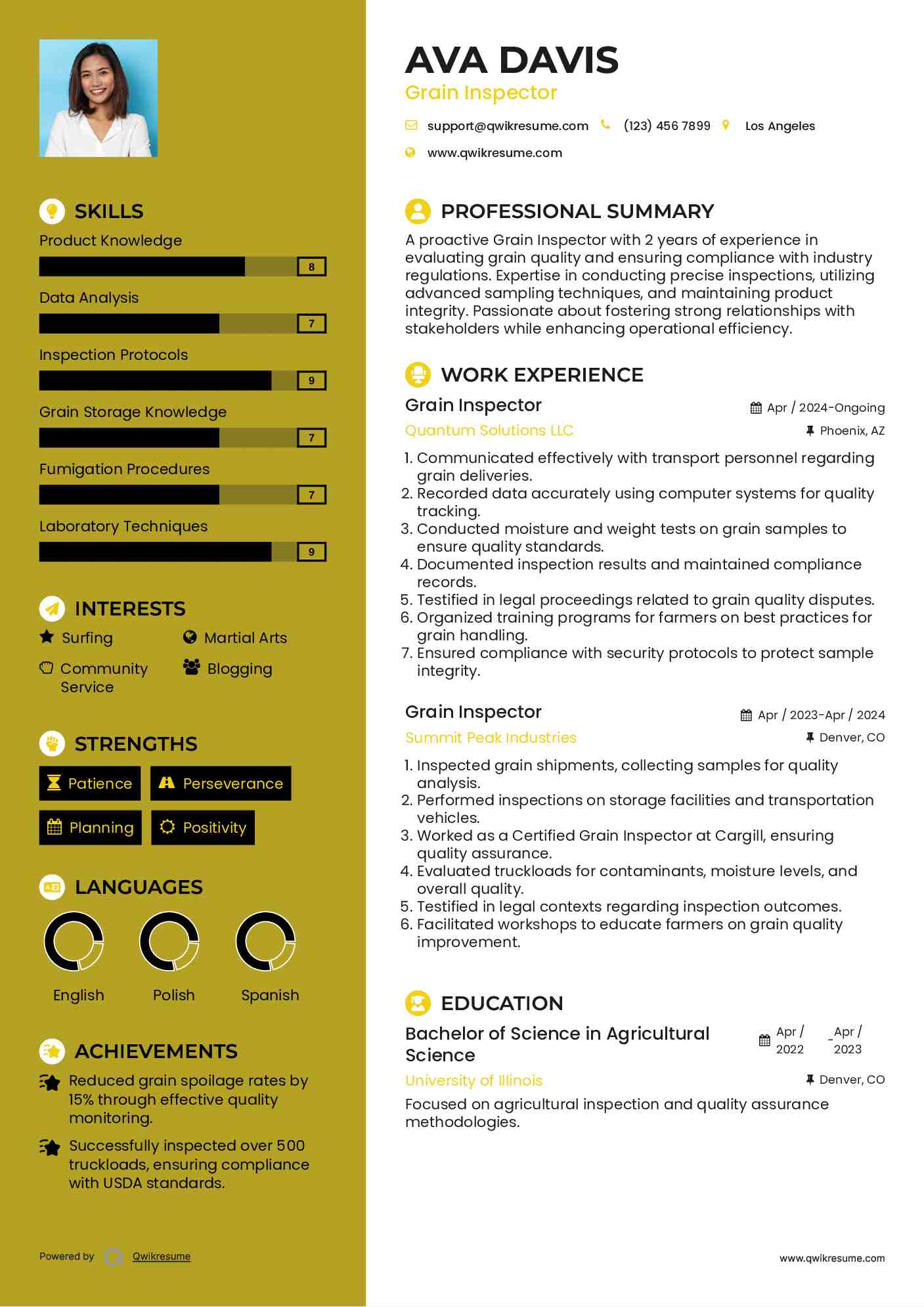 Grain Inspector Resume Sample