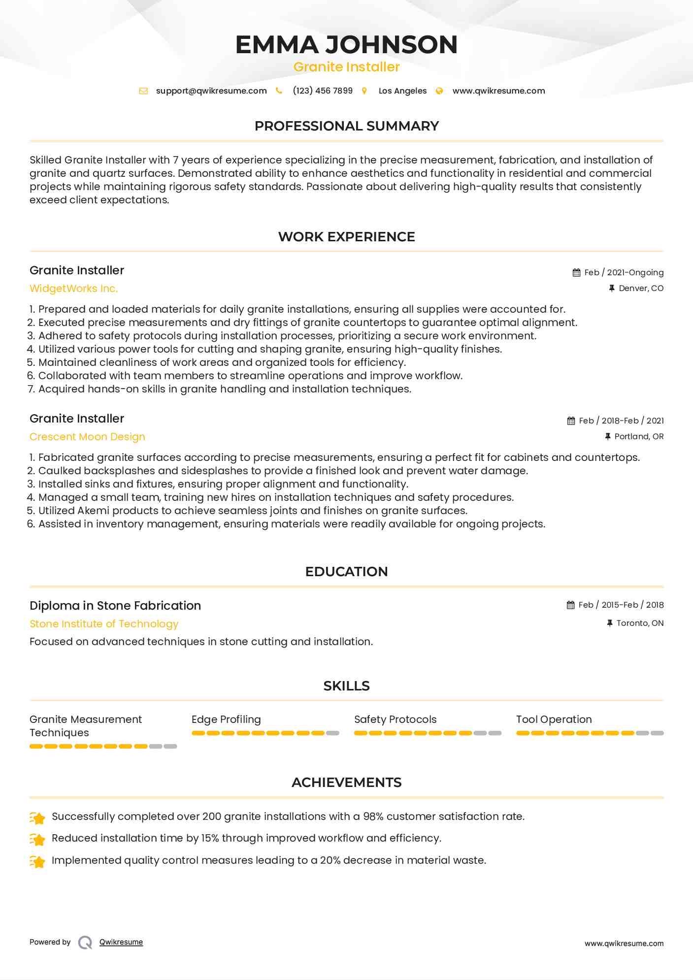 Granite Installer Resume Model