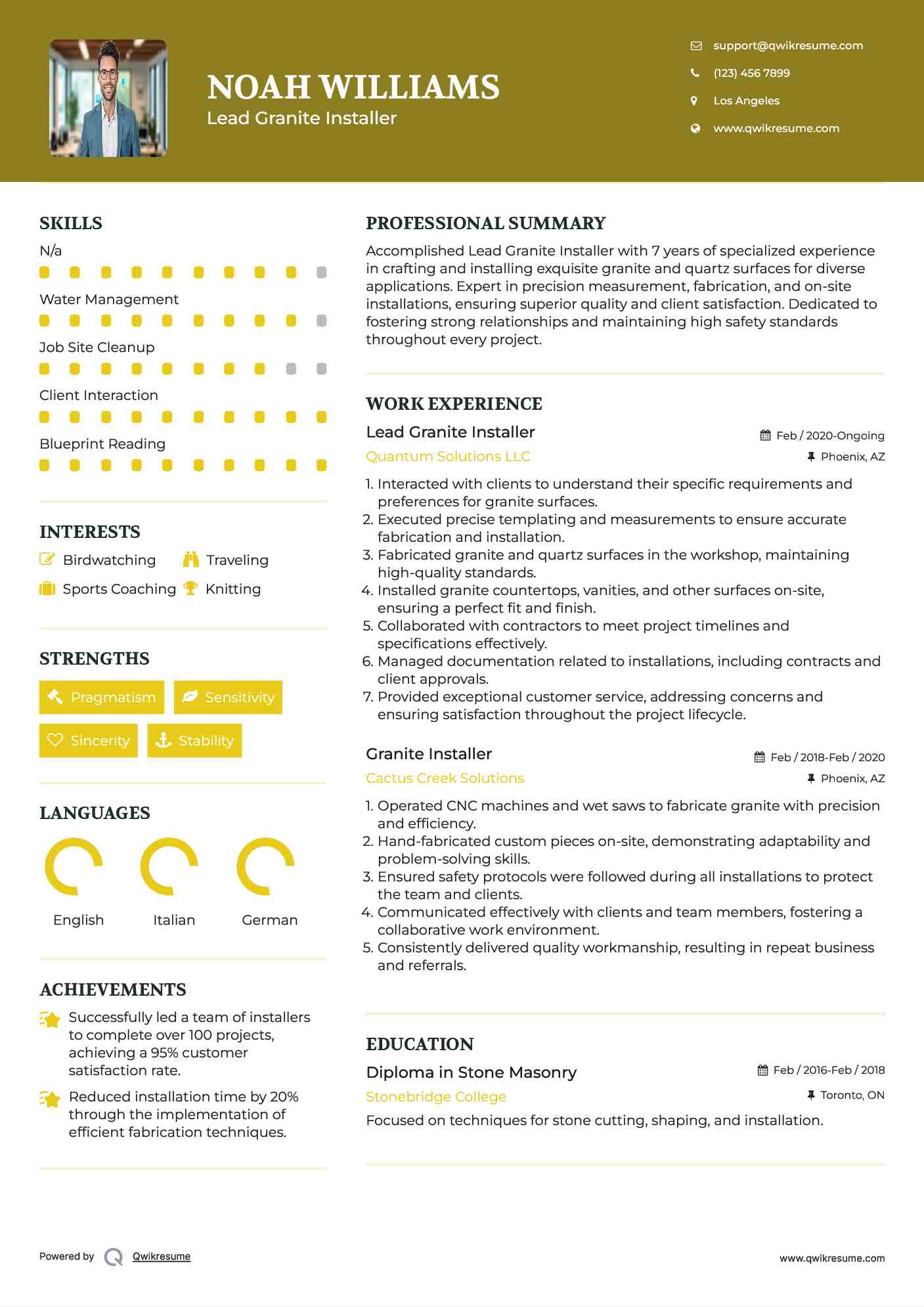 Lead Granite Installer Resume Sample