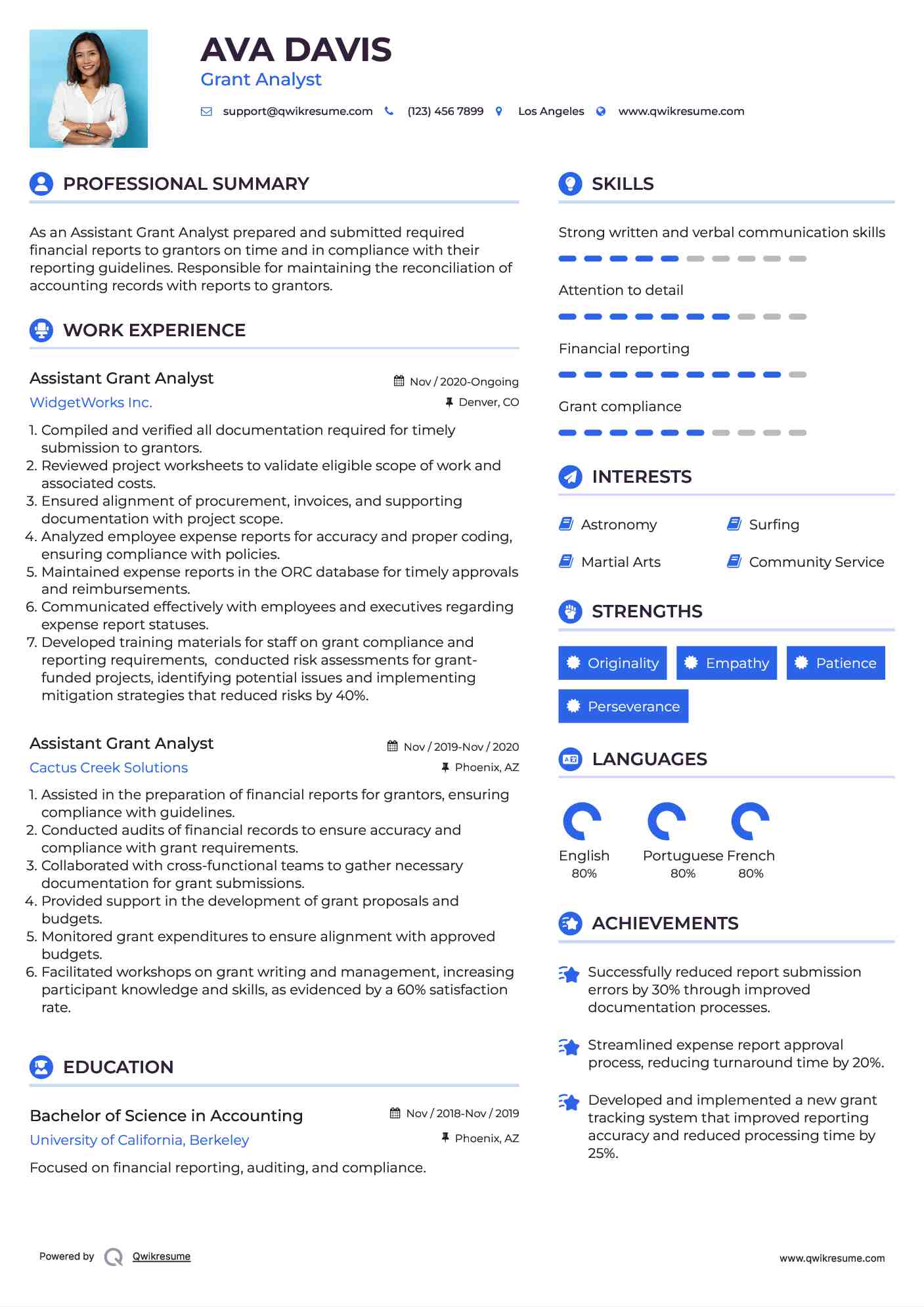 Assistant Grant Analyst Resume Sample